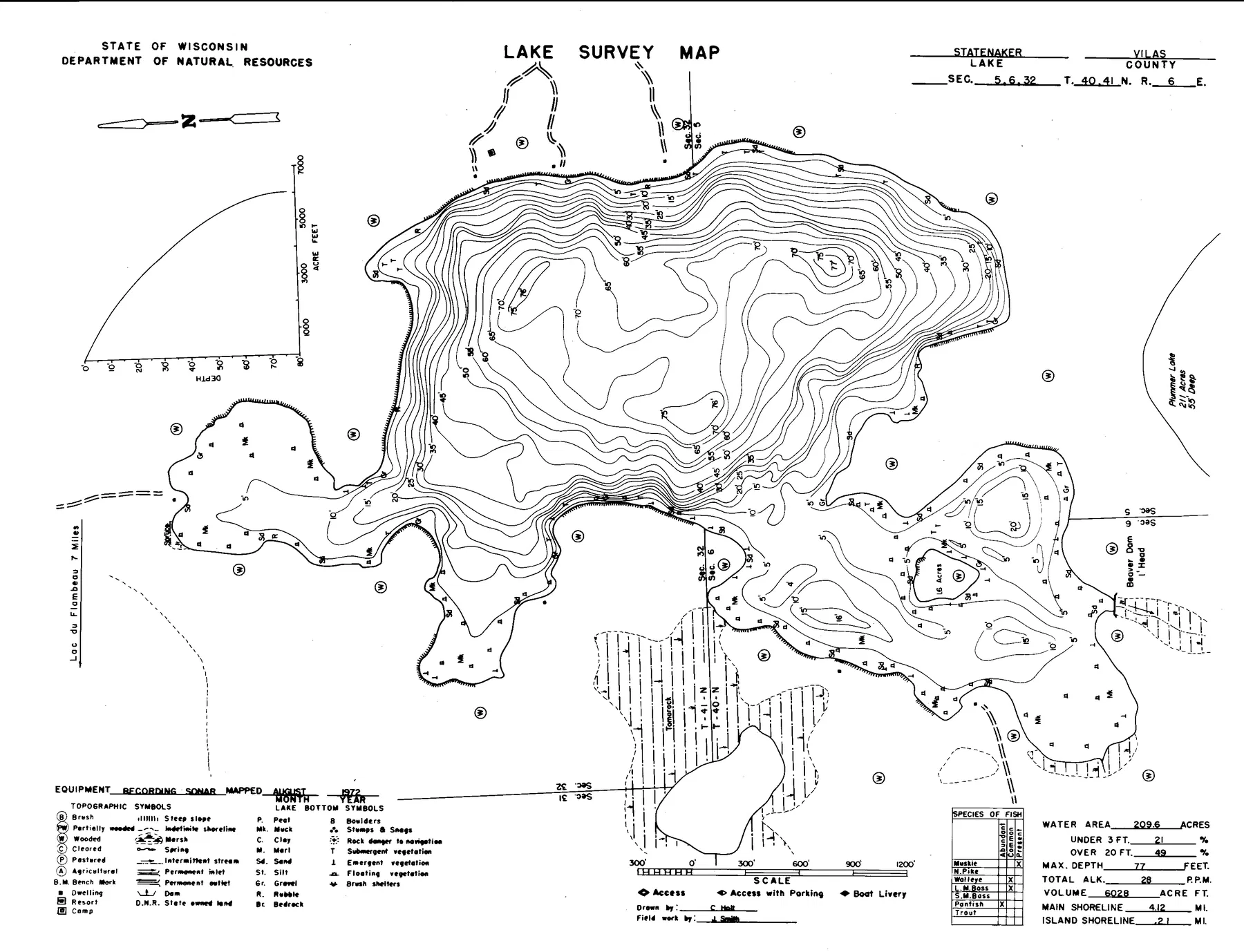 Statenaker Lake historical Wisconsin DNR depth map sheet 1