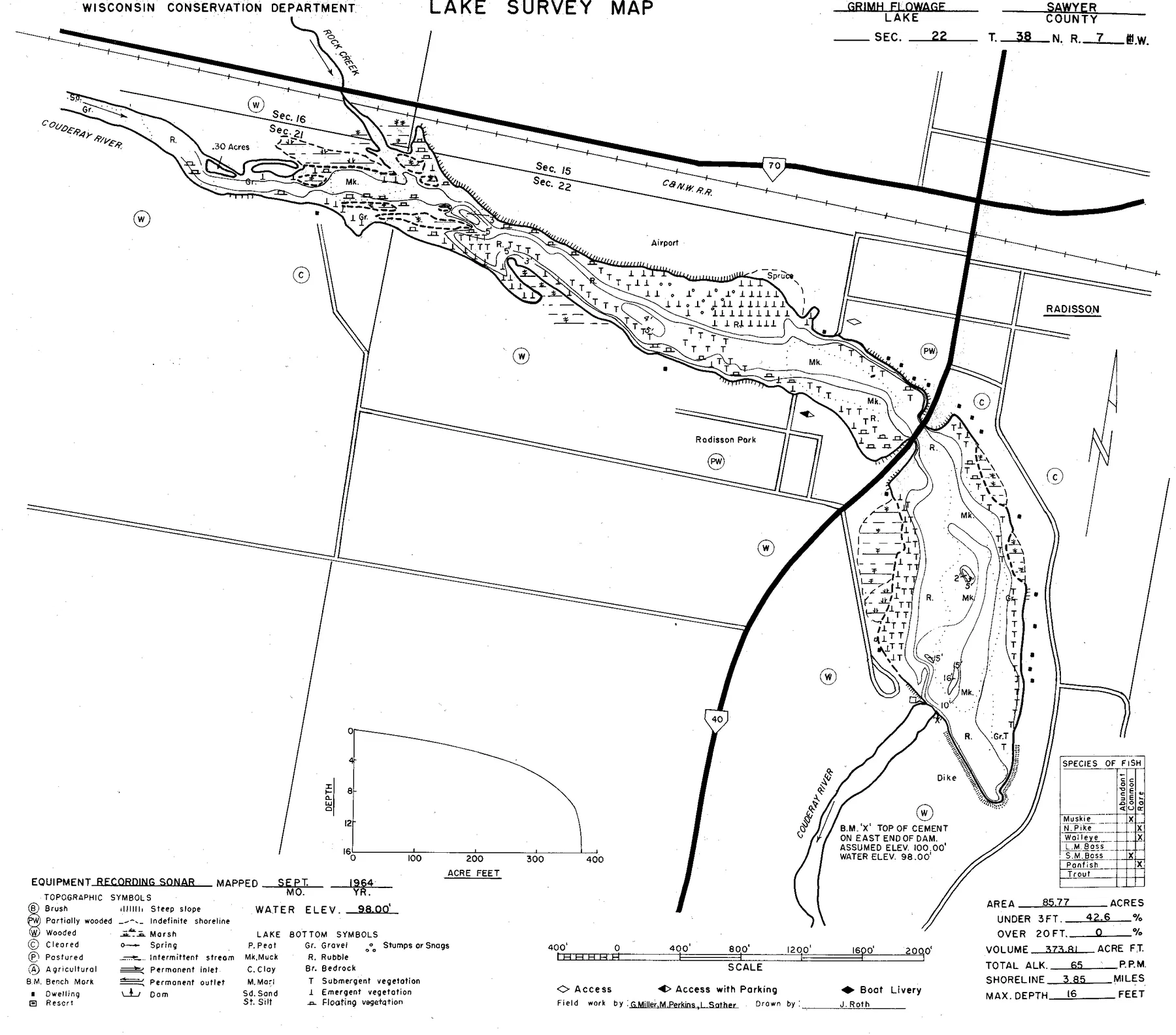 Grimh Flowage historical Wisconsin DNR depth map sheet 1