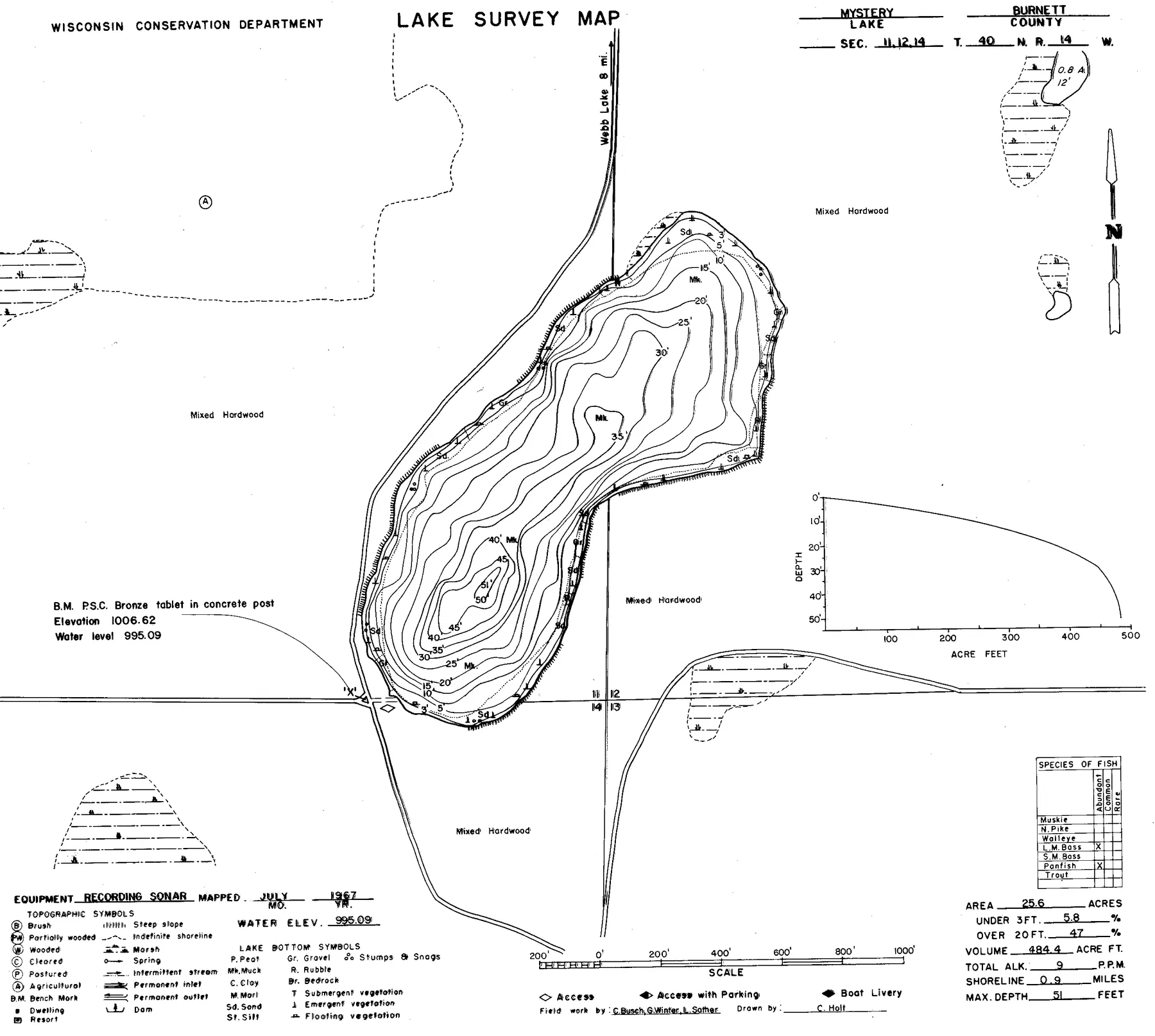 Mystery Lake historical Wisconsin DNR depth map sheet 1