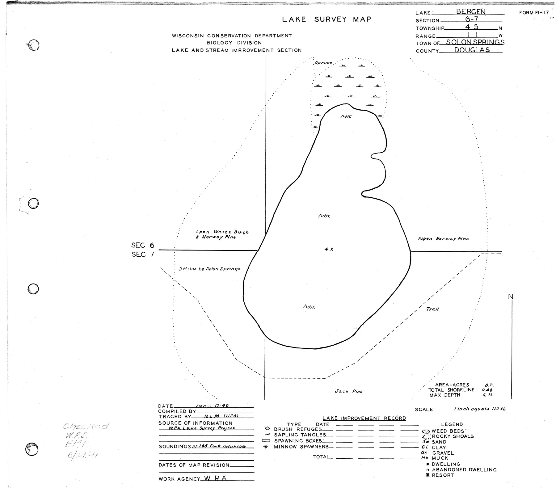 Gilbert Lake historical Wisconsin DNR depth map sheet 1