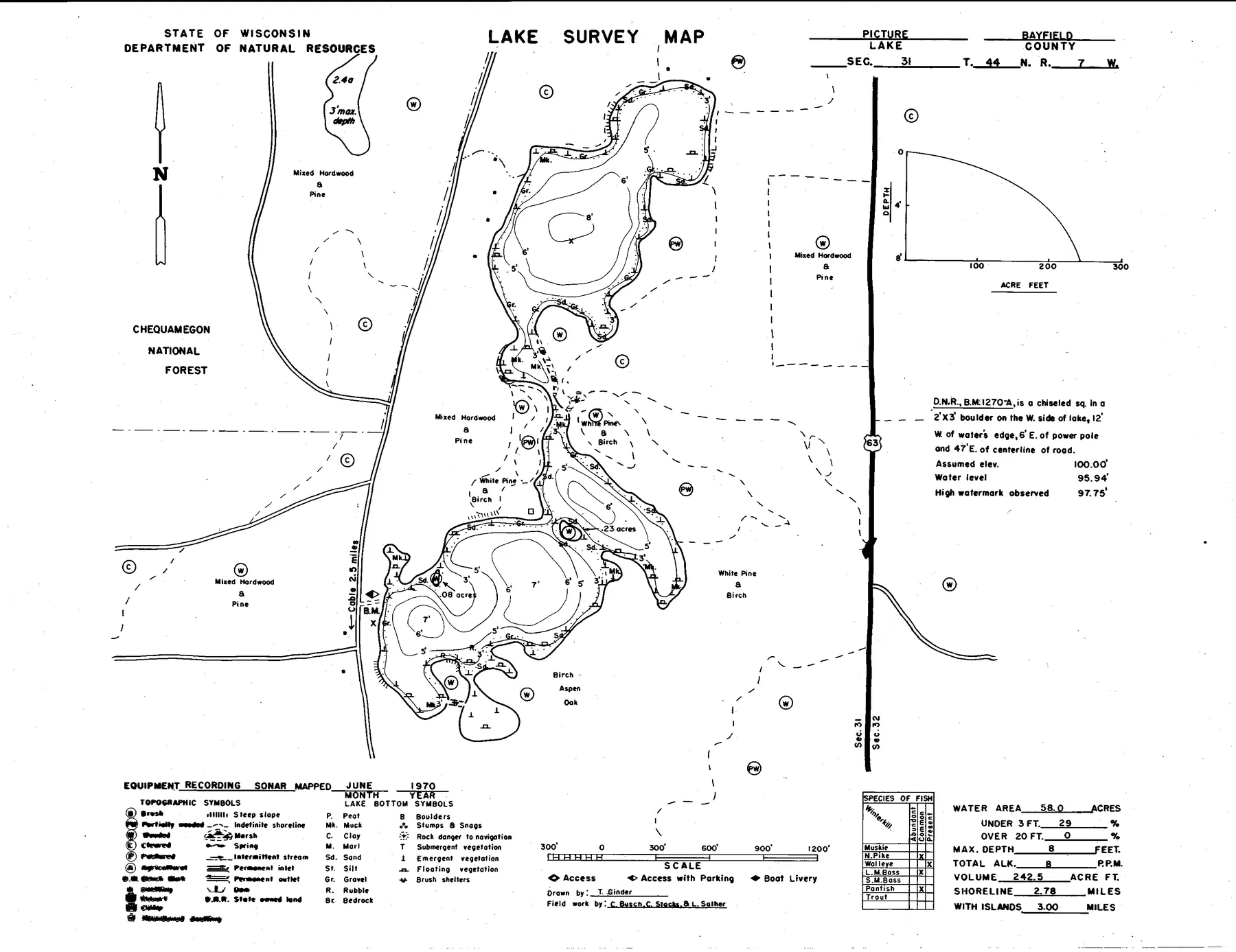 Picture Lake historical Wisconsin DNR depth map sheet 1