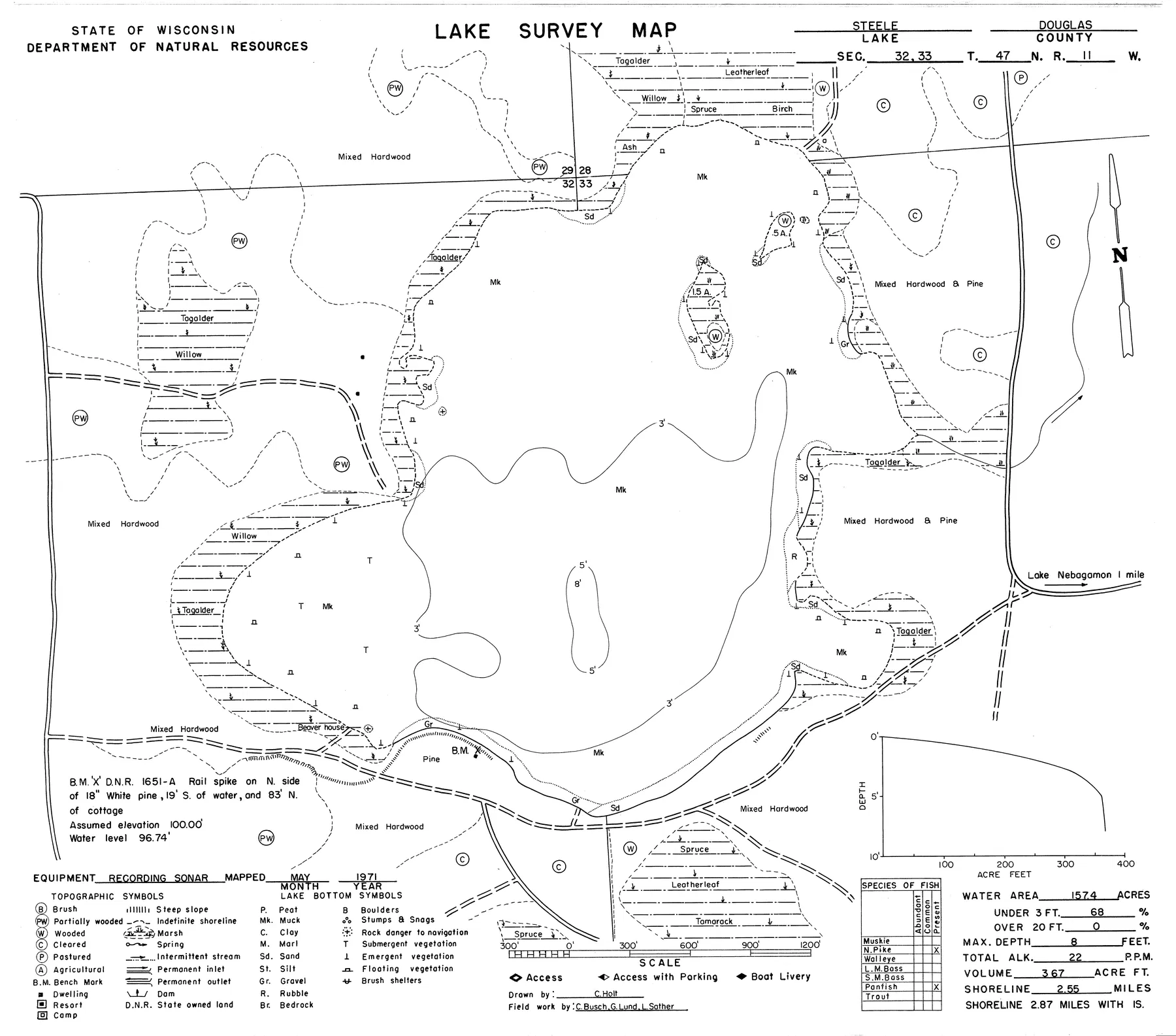 Steele Lake historical Wisconsin DNR depth map sheet 1