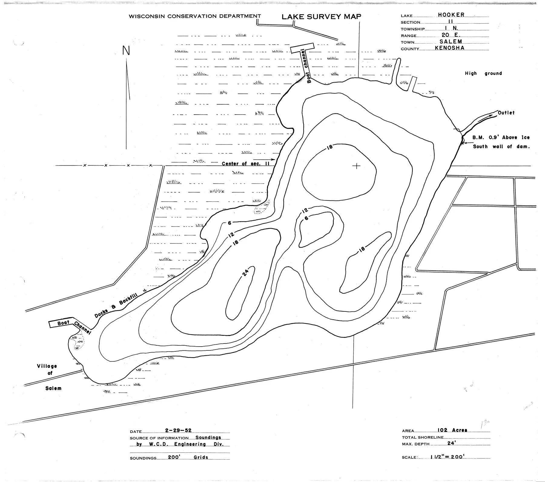 Hooker Lake historical Wisconsin DNR depth map sheet 1