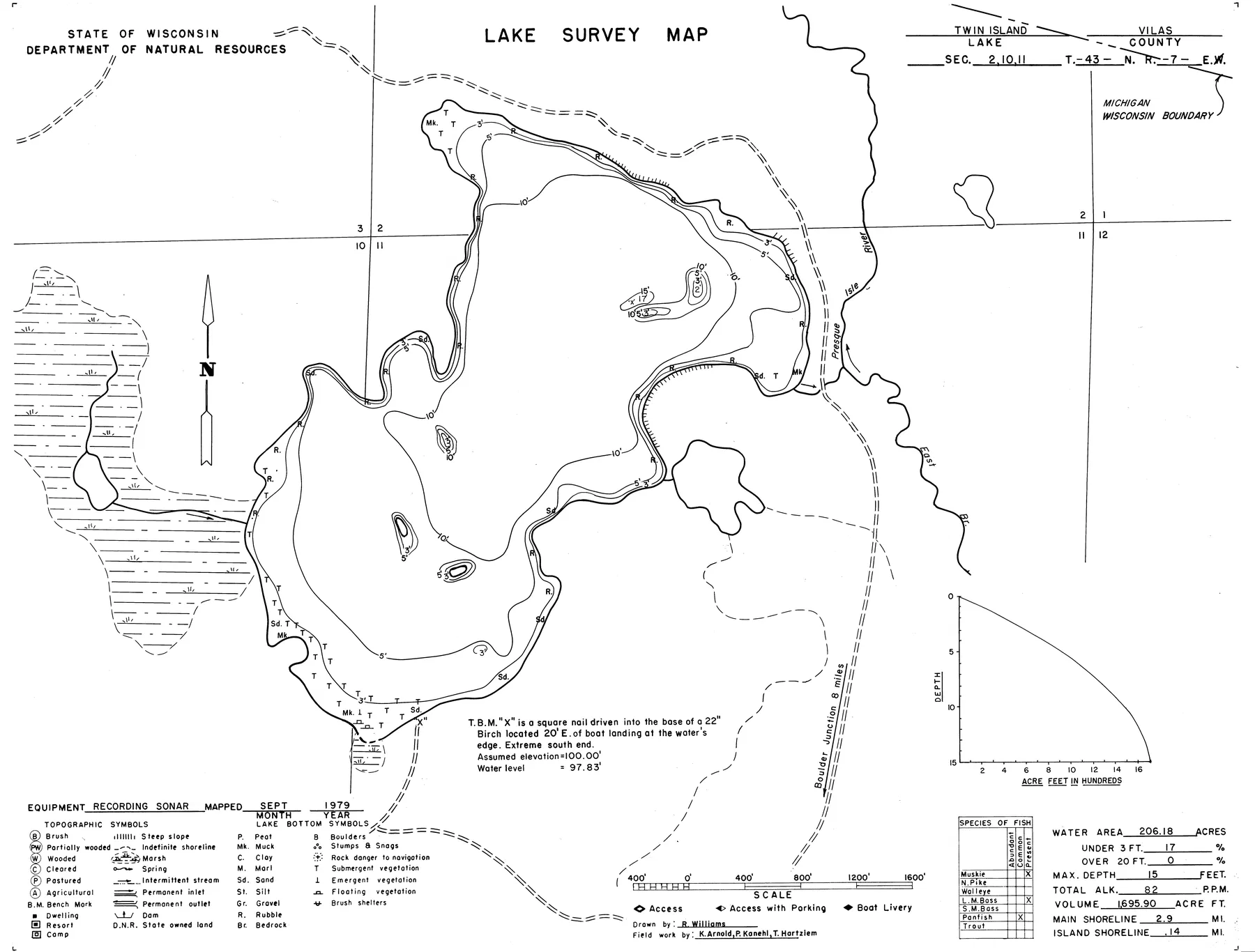 Twin Island Lake historical Wisconsin DNR depth map sheet 1
