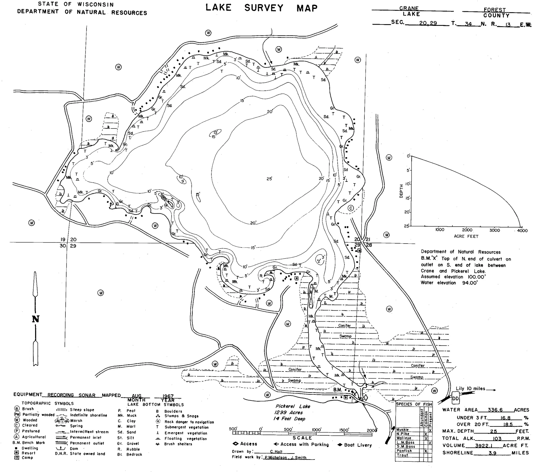 Crane Lake historical Wisconsin DNR depth map sheet 1