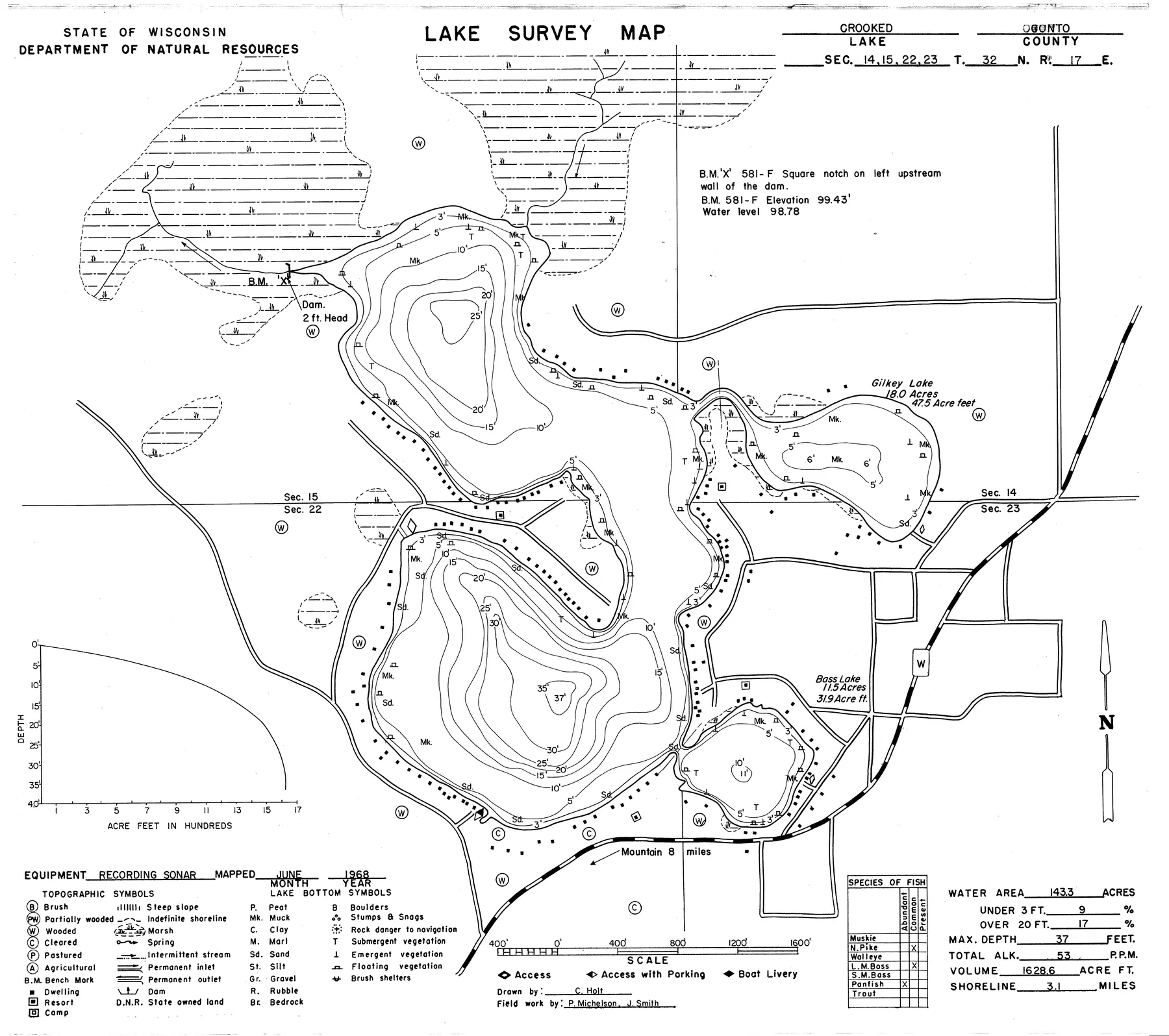 Crooked Lake historical Wisconsin DNR depth map sheet 1