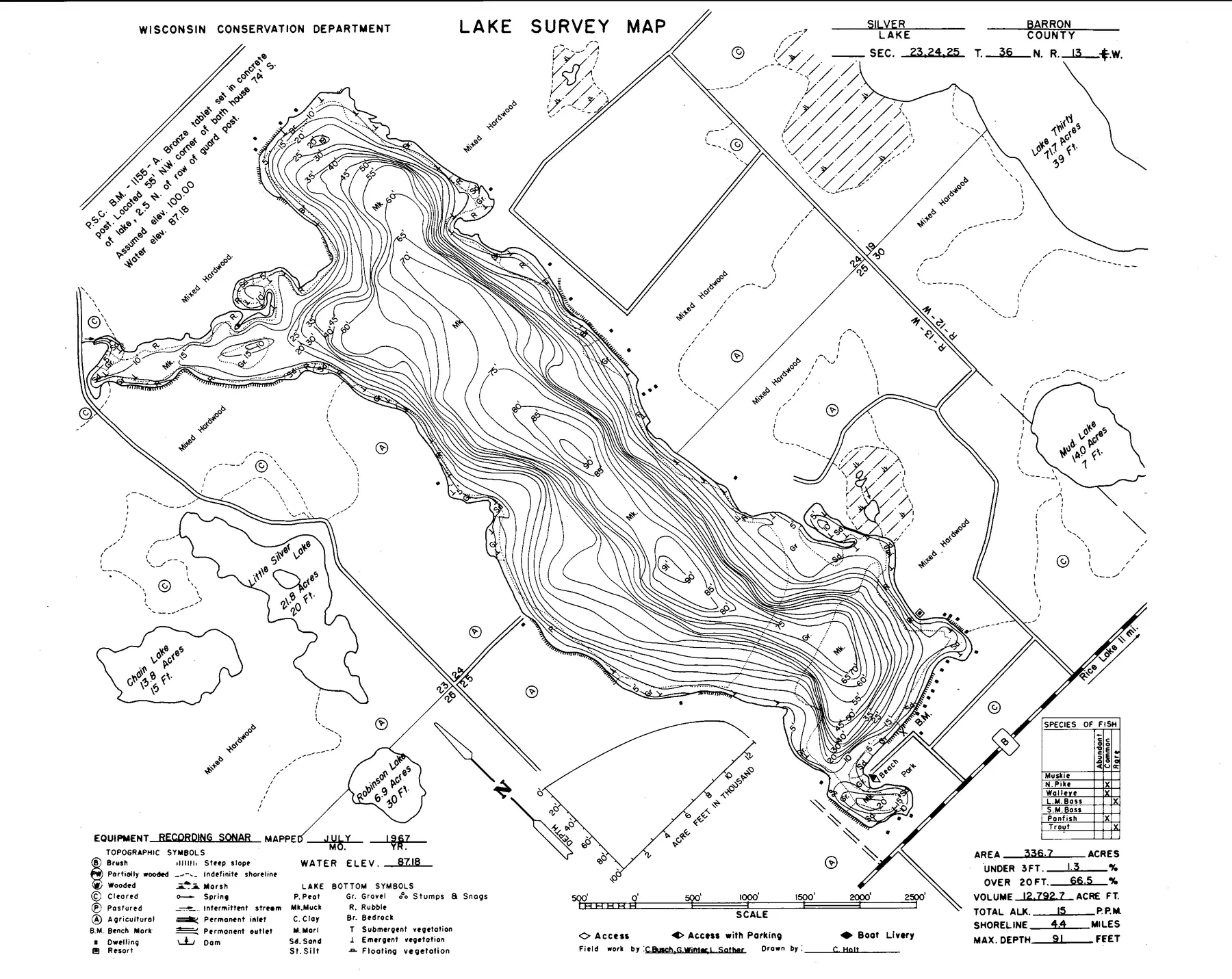 Silver Lake historical Wisconsin DNR depth map sheet 1