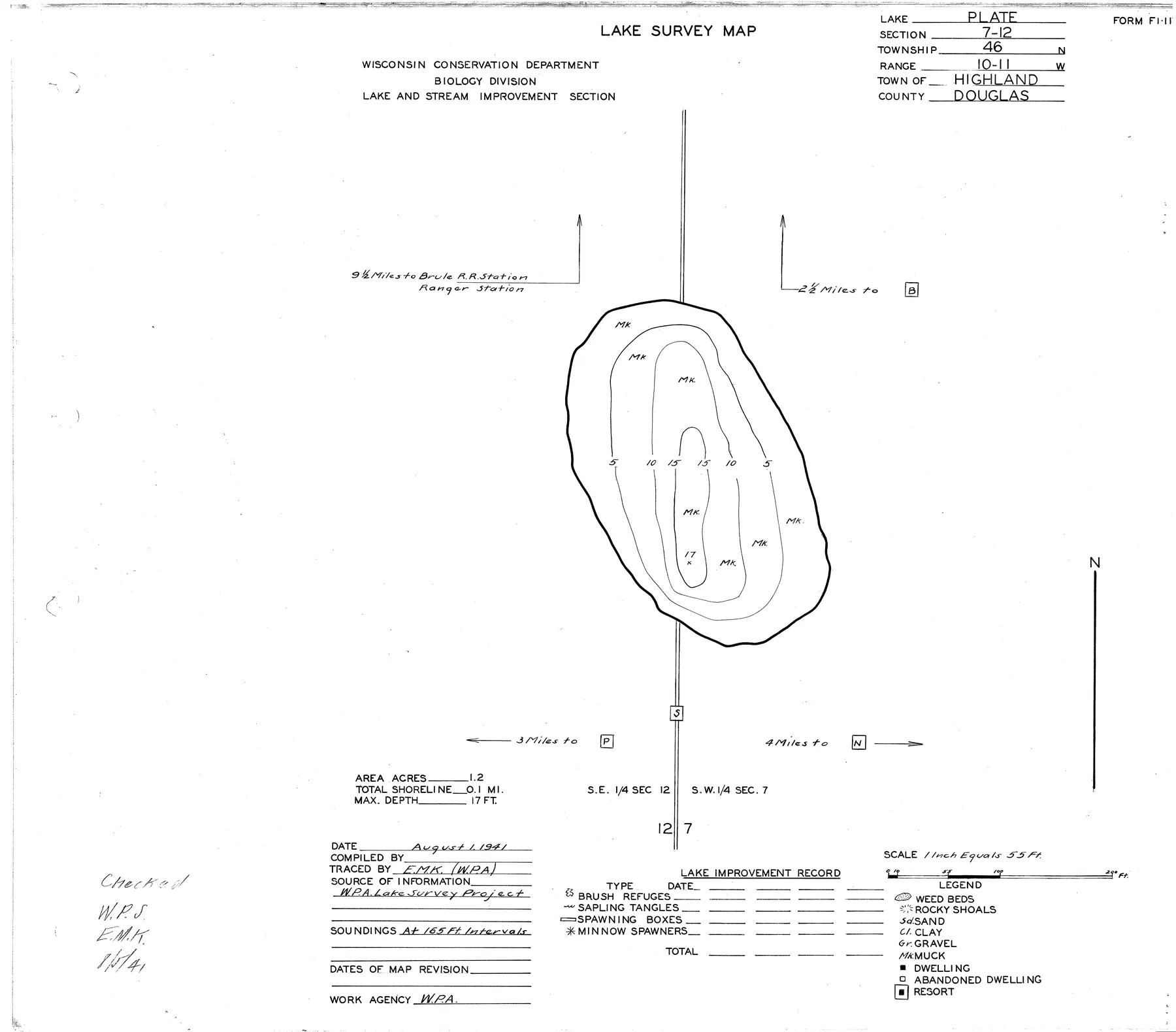 Plate Lake historical Wisconsin DNR depth map sheet 1