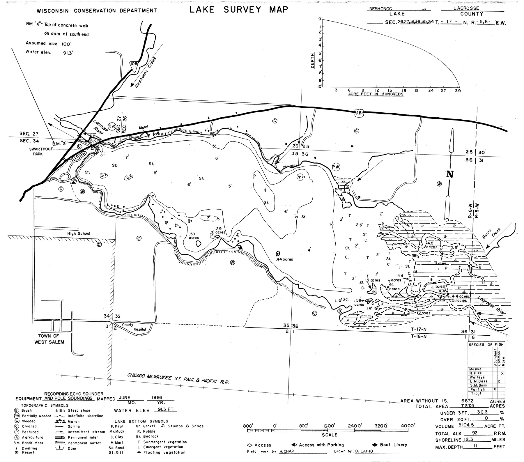 Neshonoc Lake historical Wisconsin DNR depth map sheet 1