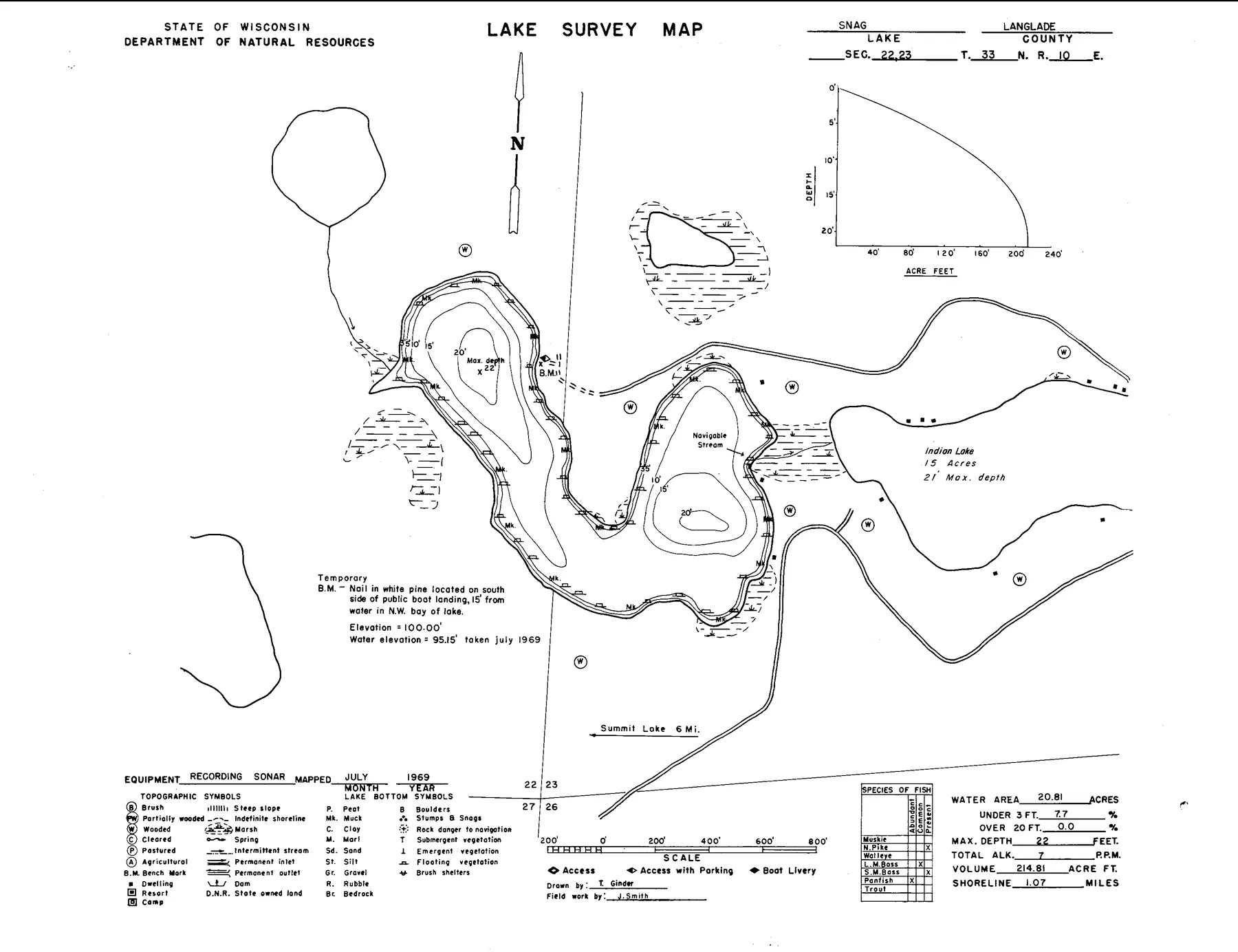 Snag Lake historical Wisconsin DNR depth map sheet 1