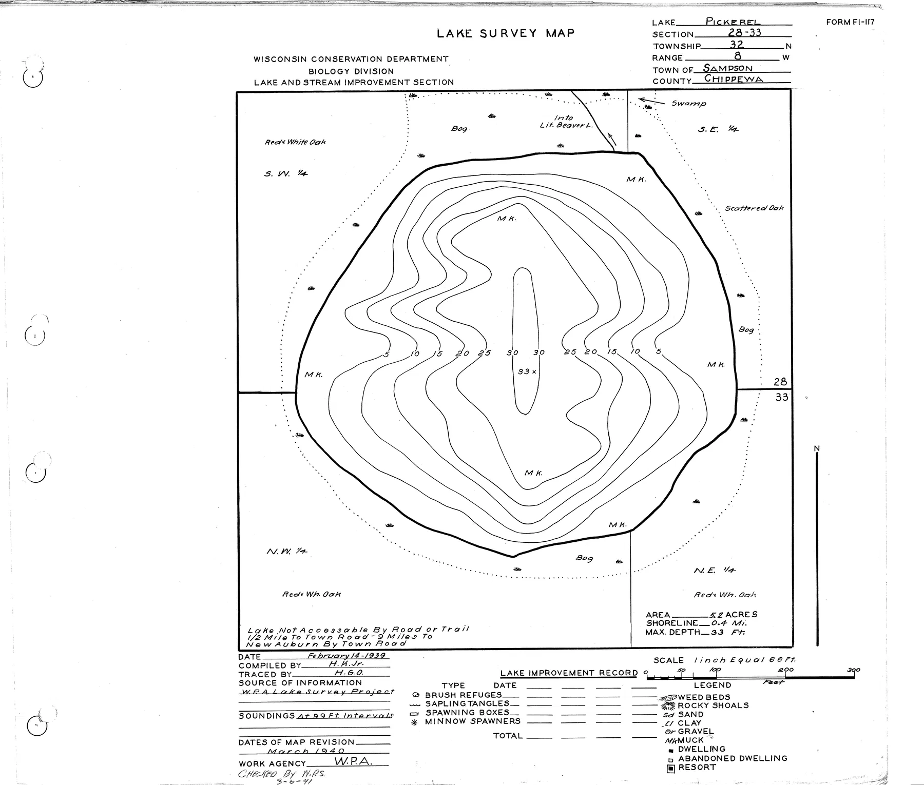 Pickerel Lake historical Wisconsin DNR depth map sheet 1