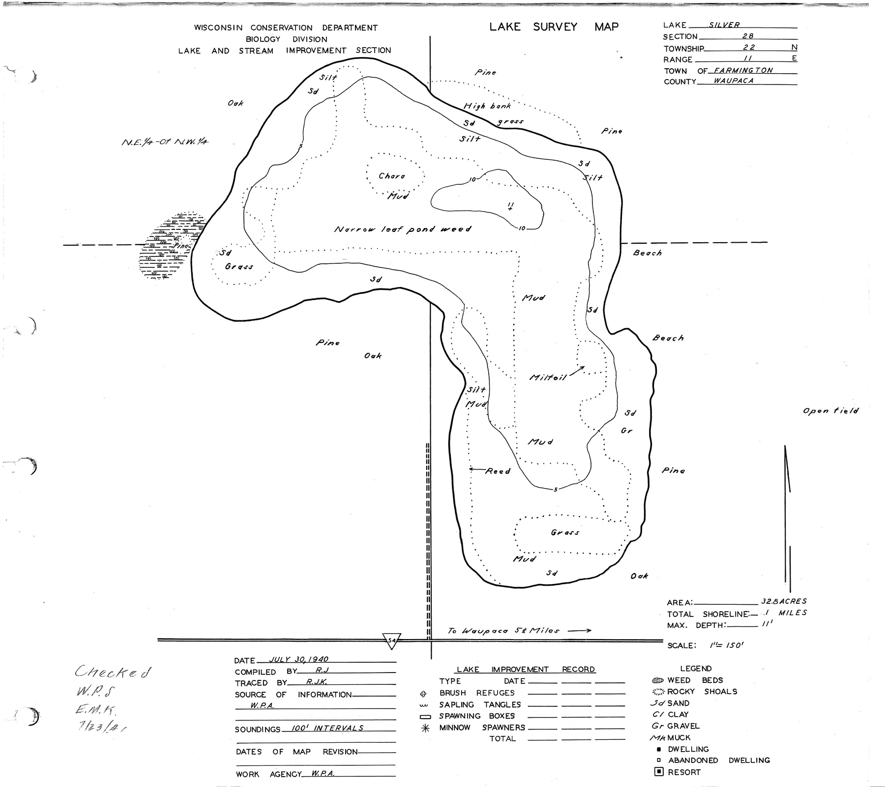 Silver Lake historical Wisconsin DNR depth map sheet 1
