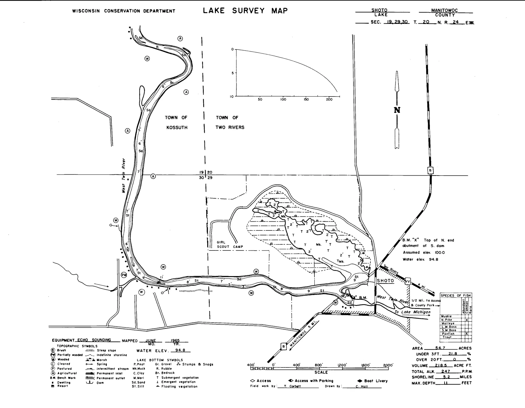 Shoto Lake historical Wisconsin DNR depth map sheet 1