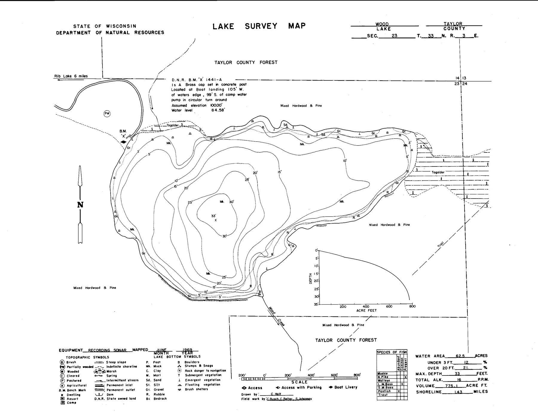 Wood Lake historical Wisconsin DNR depth map sheet 1