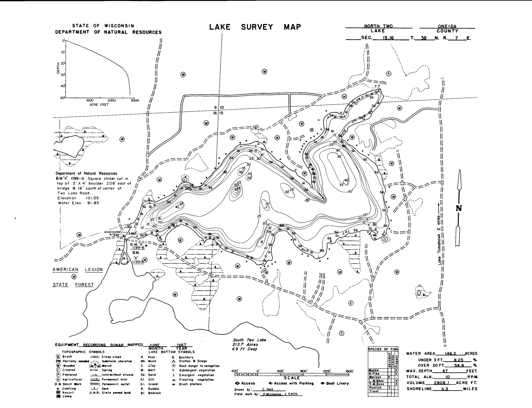 North Two Lakes historical Wisconsin DNR depth map sheet 1