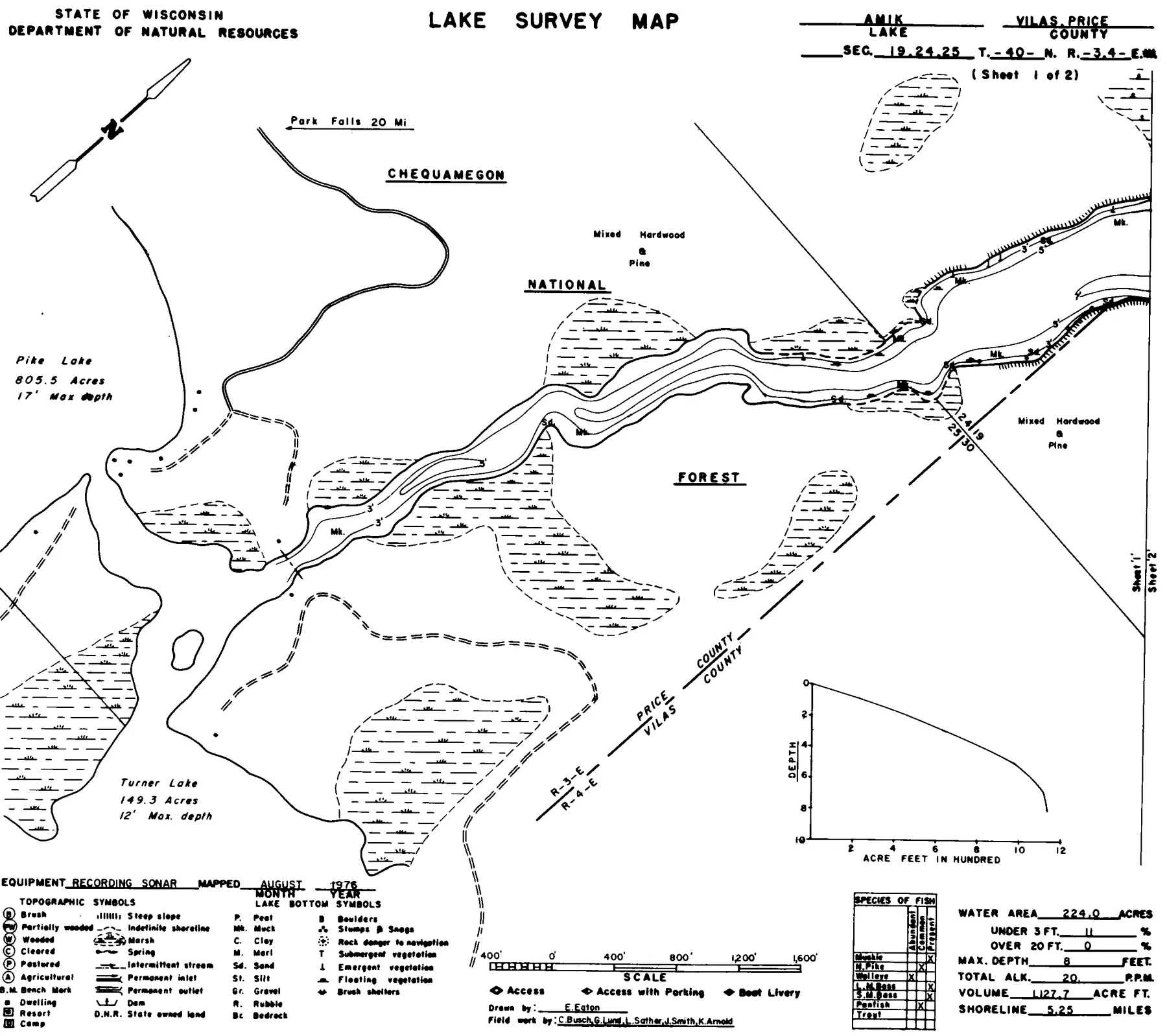 Amik Lake historical Wisconsin DNR depth map sheet 1