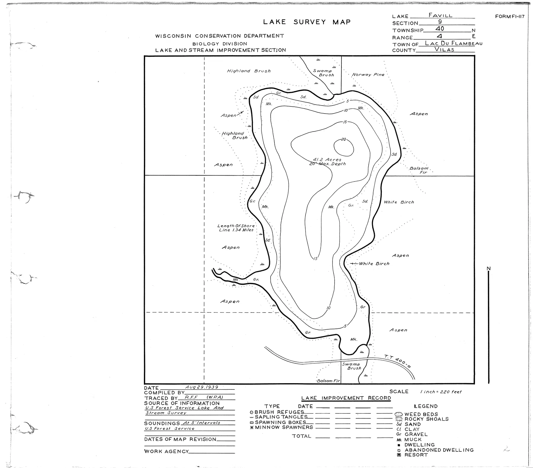 Favil Lake historical Wisconsin DNR depth map sheet 1