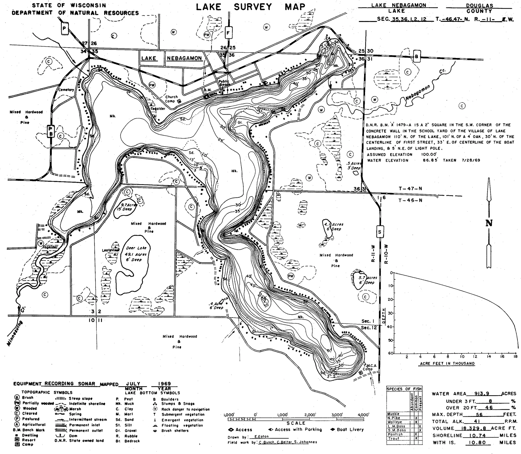 Lake Nebagamon historical Wisconsin DNR depth map sheet 1
