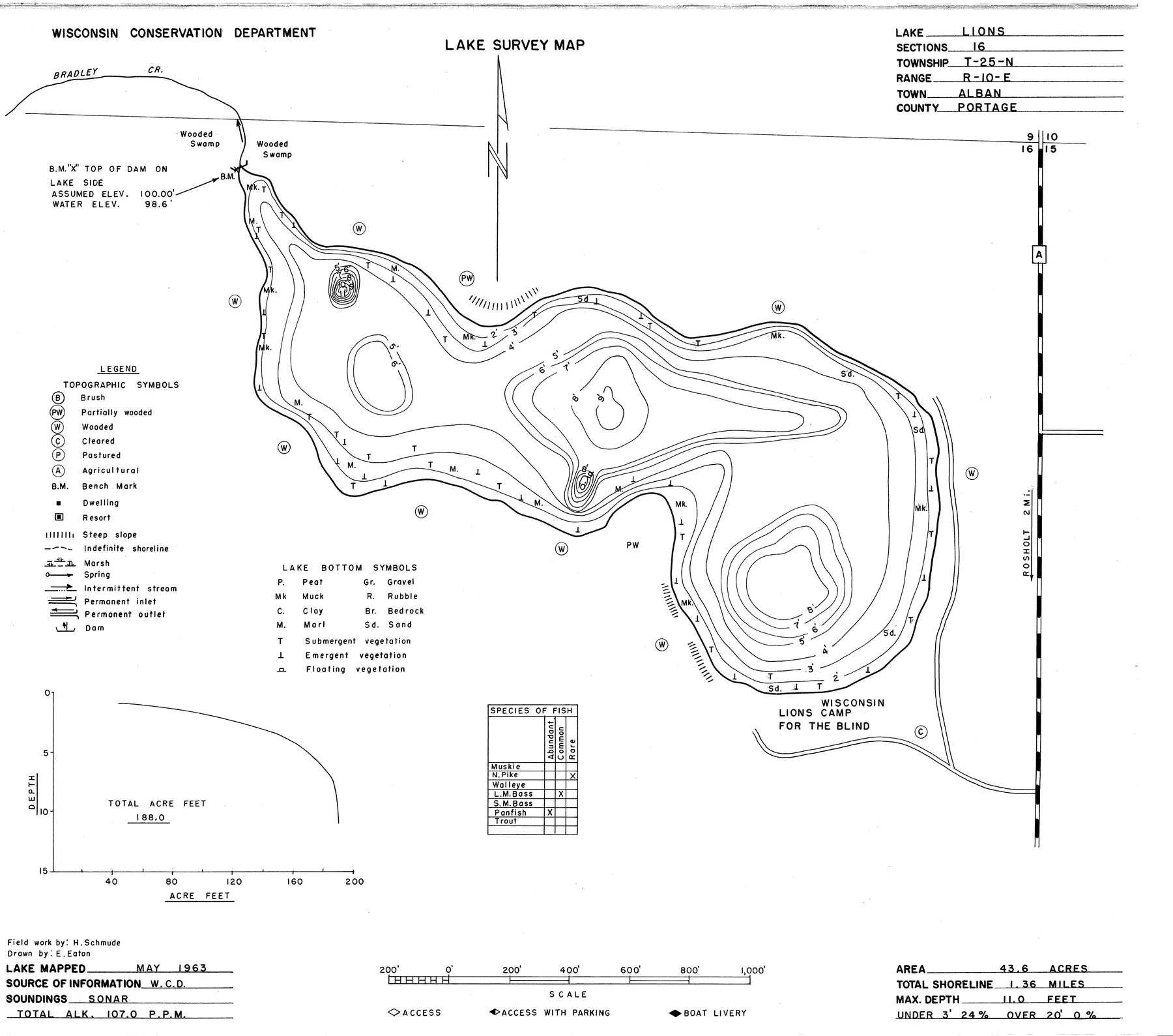 Lions Lake historical Wisconsin DNR depth map sheet 1