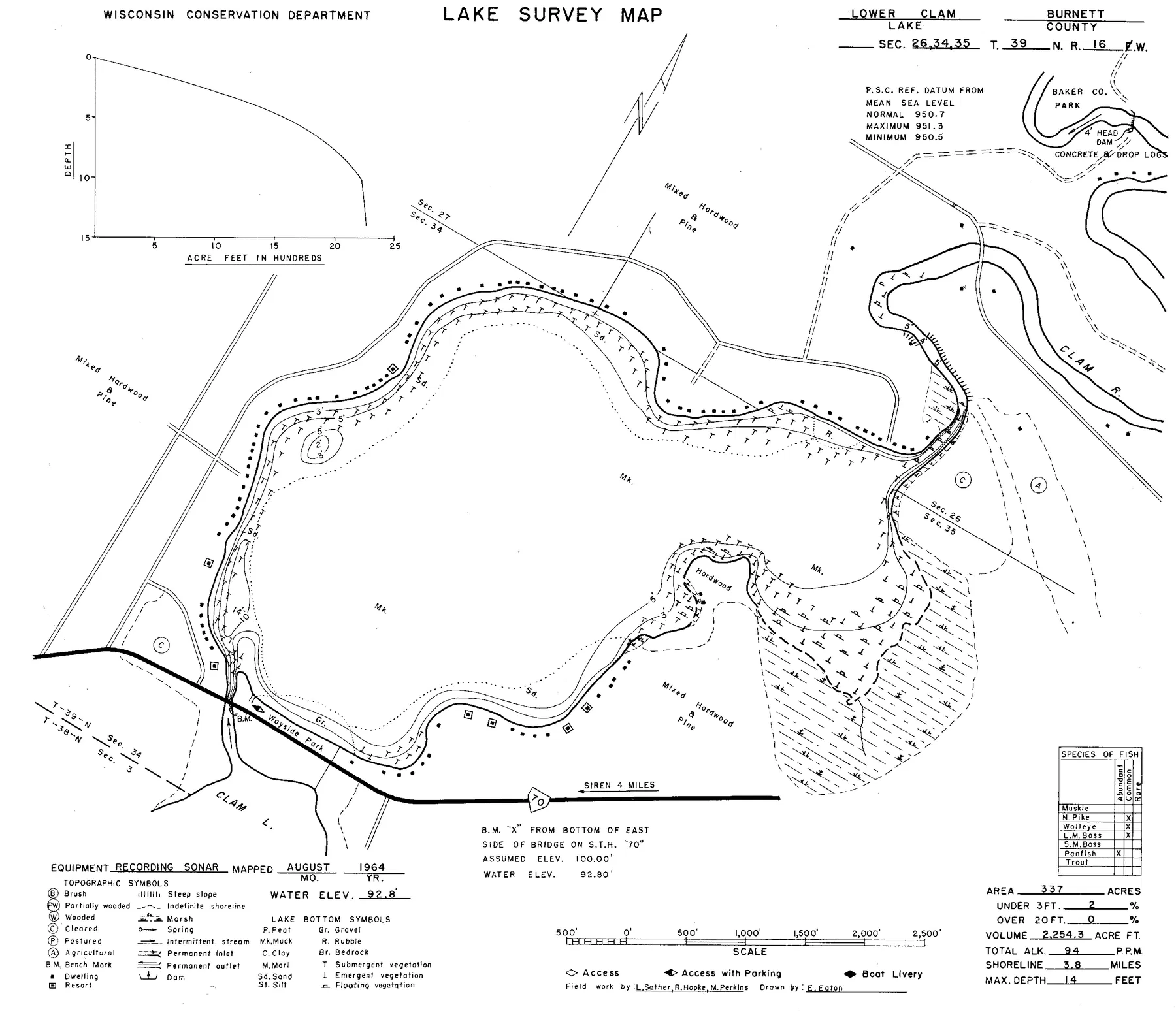 Lower Clam Lake historical Wisconsin DNR depth map sheet 1