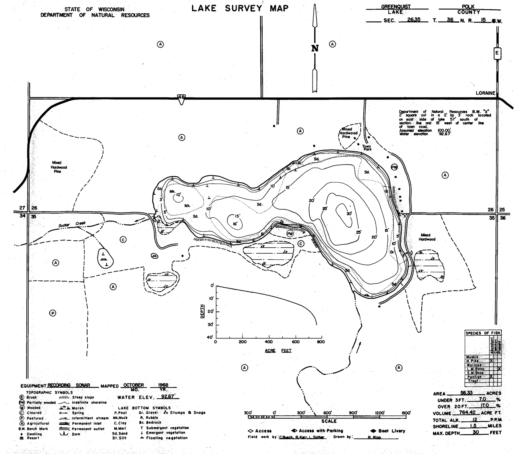 Grenquist Lake historical Wisconsin DNR depth map sheet 1