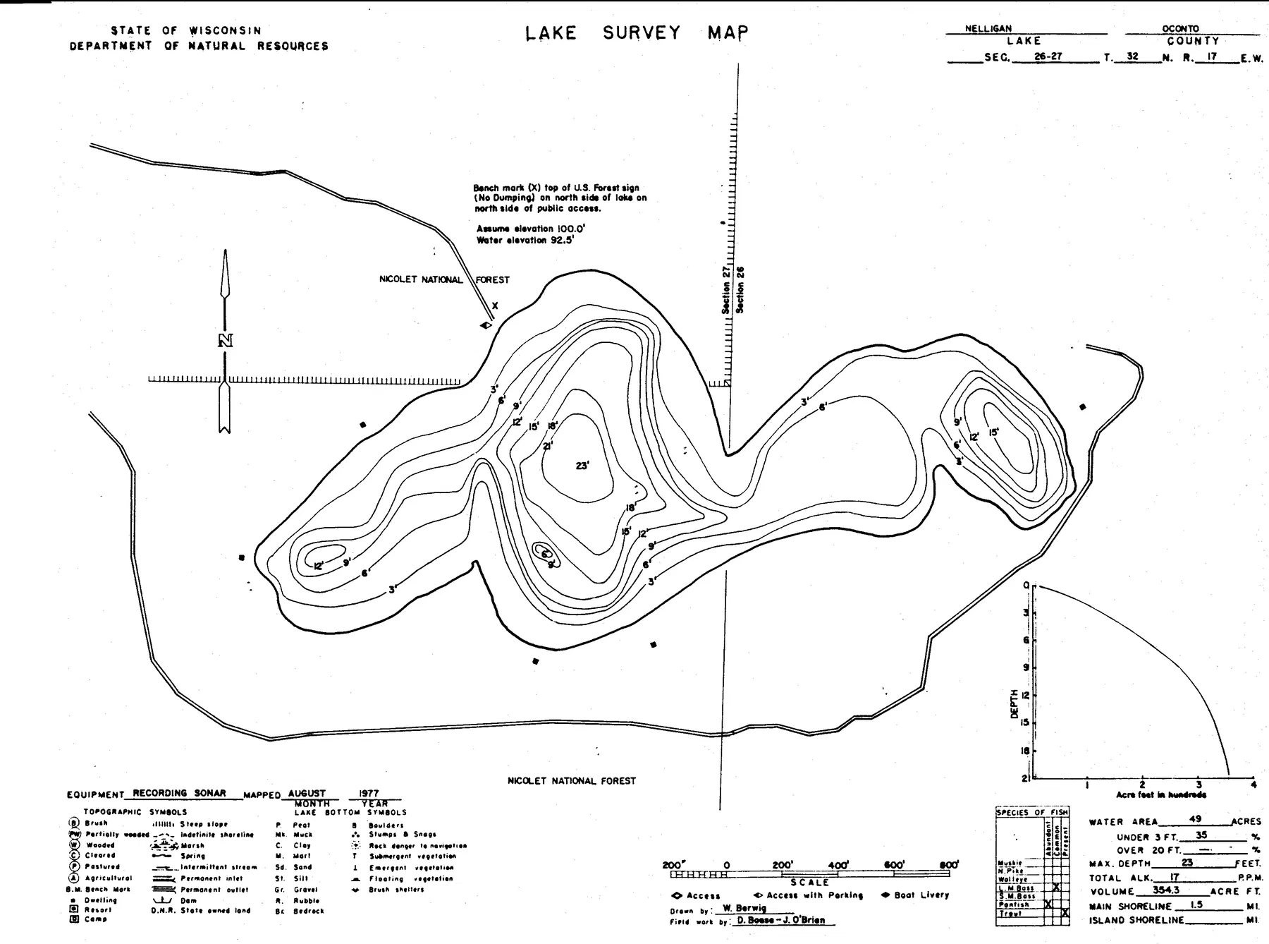 Nelligan Lake historical Wisconsin DNR depth map sheet 1