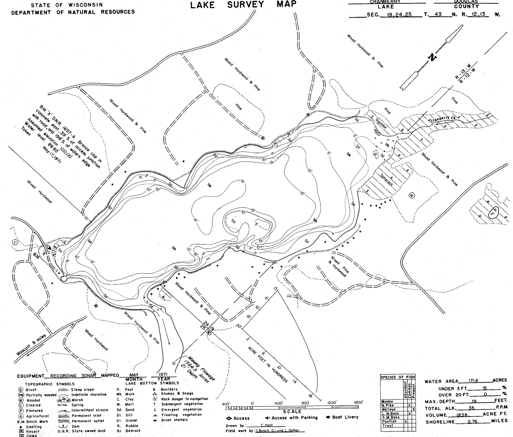 Cranberry Lake historical Wisconsin DNR depth map sheet 1