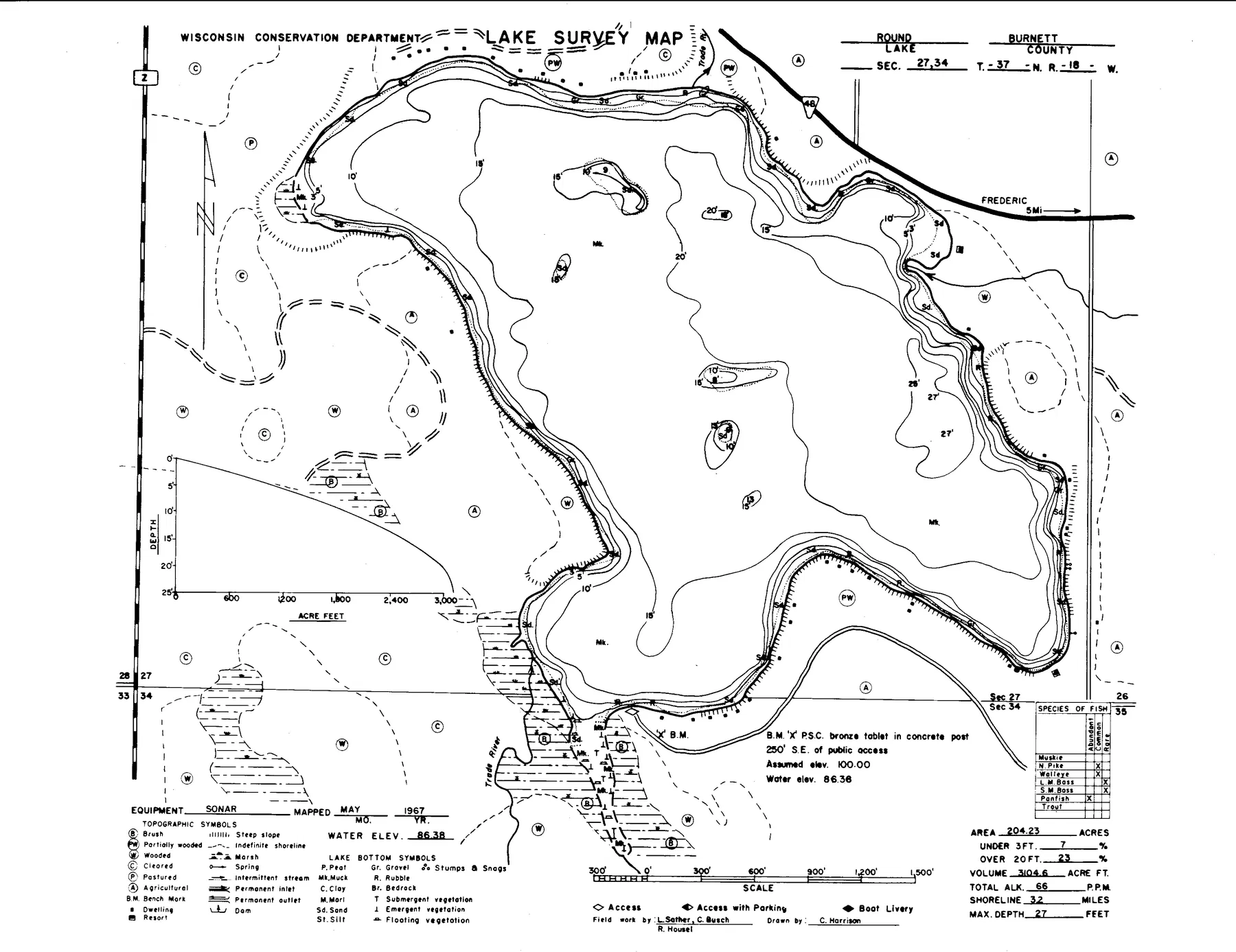Round Lake historical Wisconsin DNR depth map sheet 1