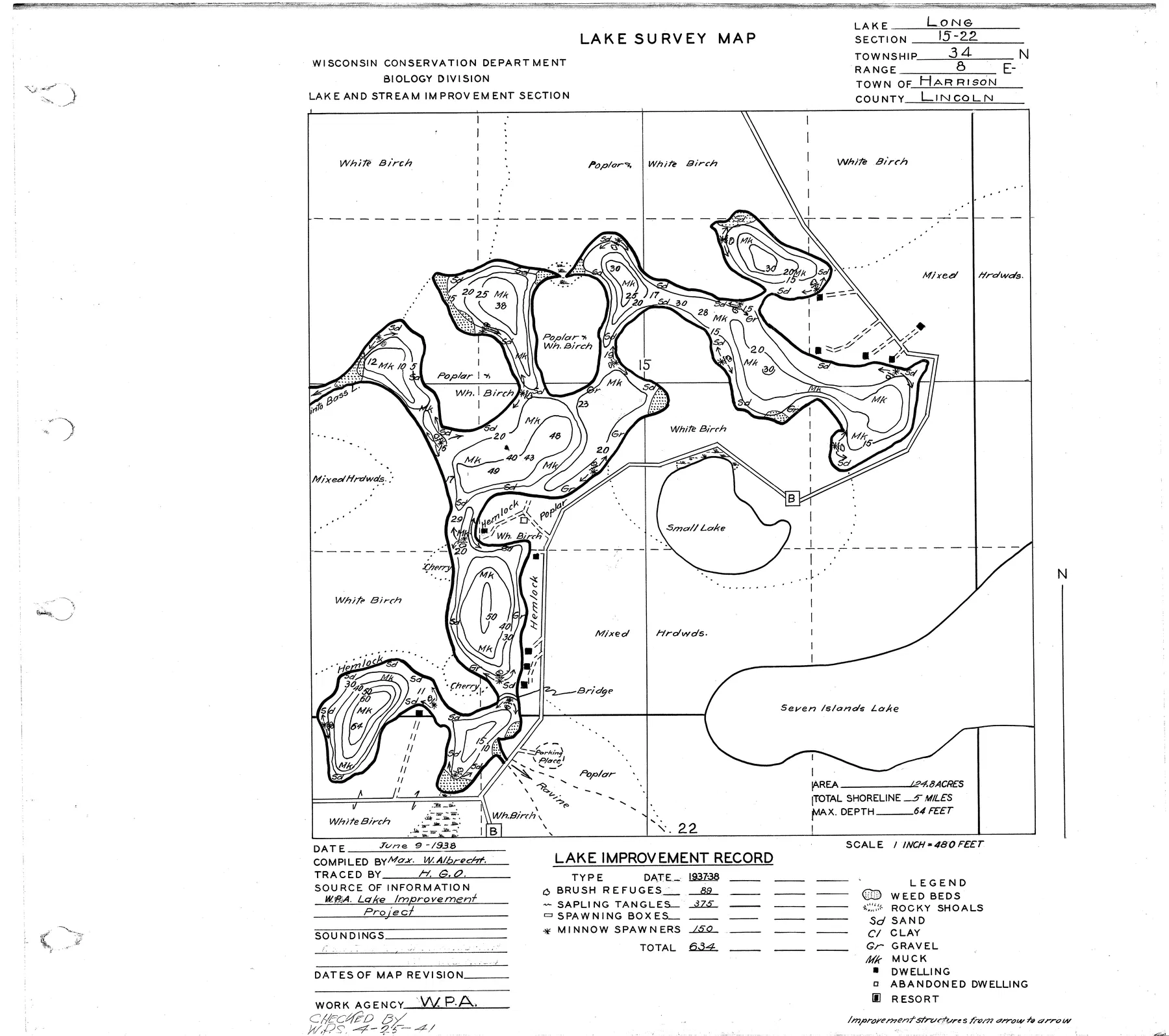 Long Lake historical Wisconsin DNR depth map sheet 1