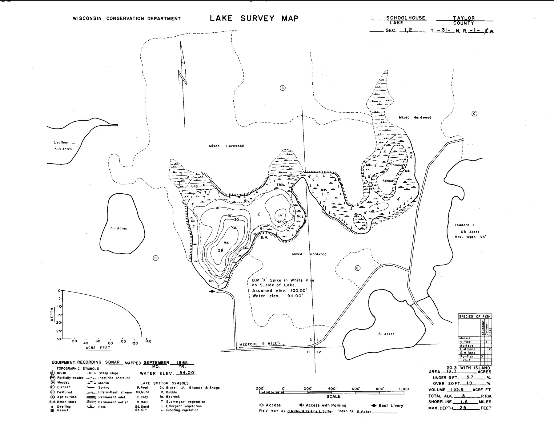Schoolhouse Lake historical Wisconsin DNR depth map sheet 1