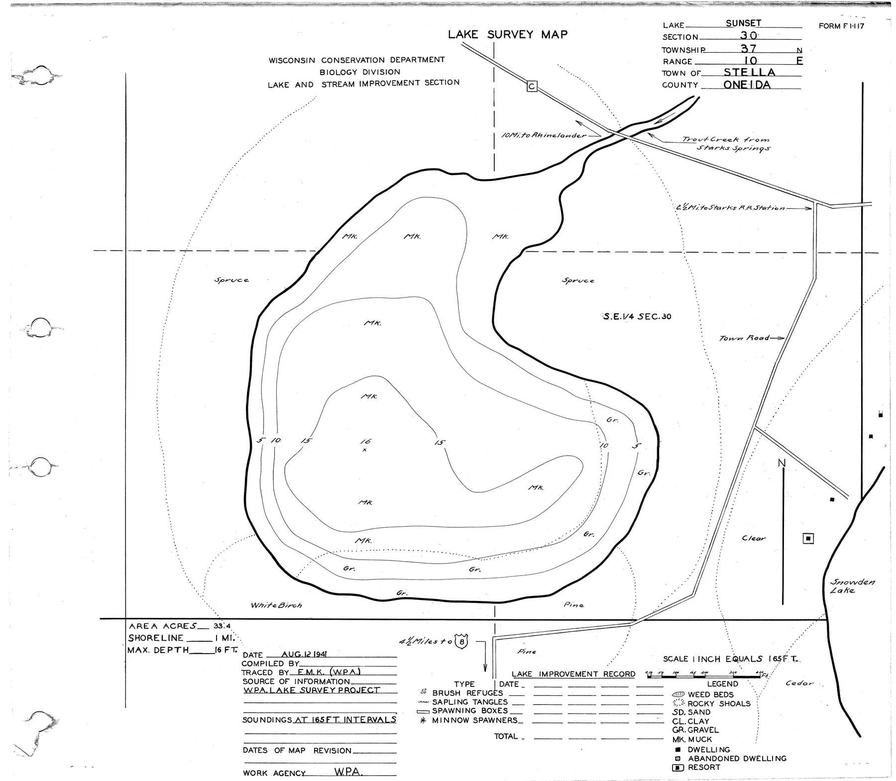 Sunset Lake historical Wisconsin DNR depth map sheet 1