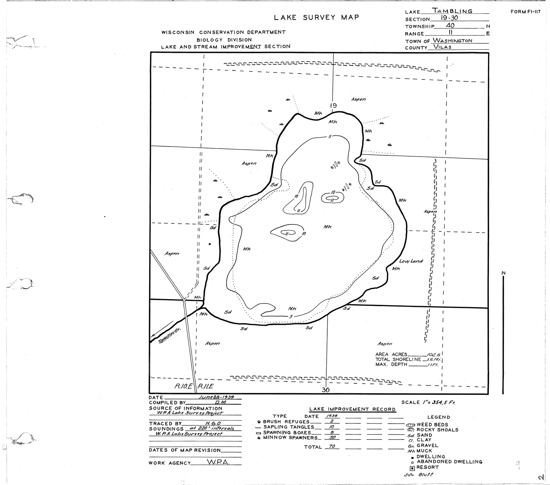 Tambling Lake historical Wisconsin DNR depth map sheet 1