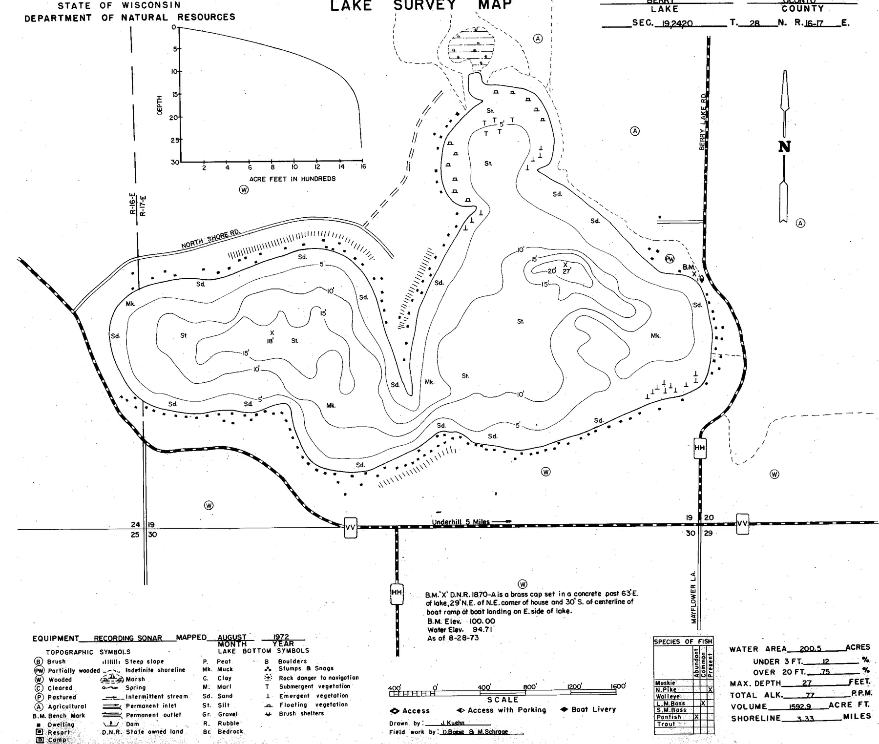Berry Lake historical Wisconsin DNR depth map sheet 1
