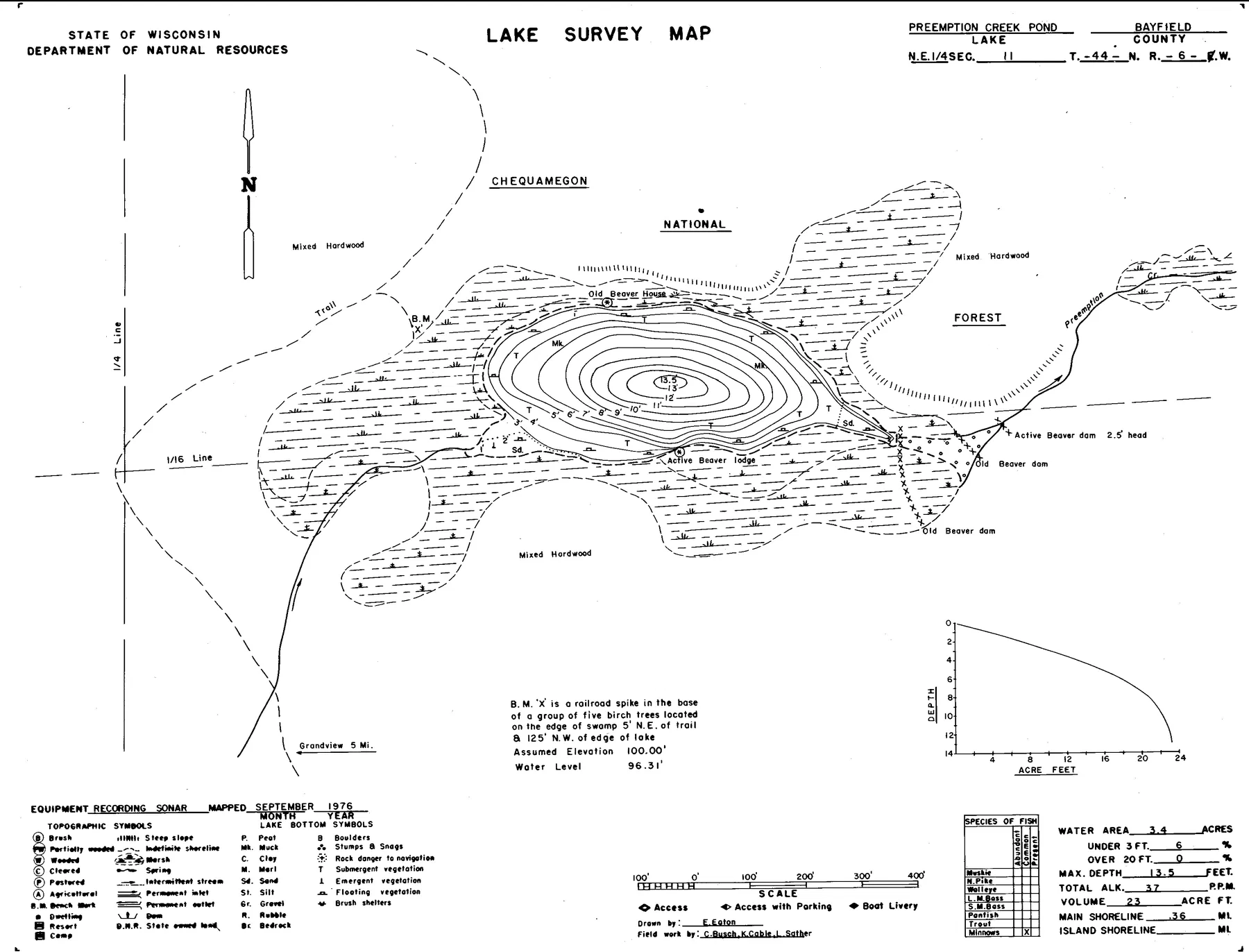 Pre-emption Creek Pond historical Wisconsin DNR depth map sheet 1