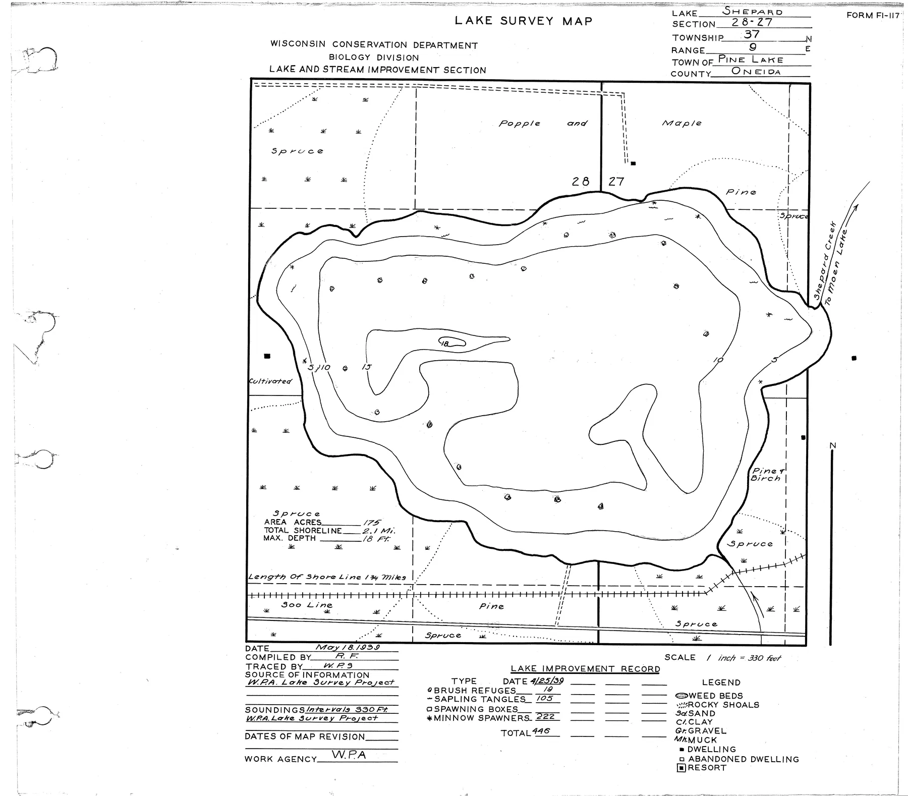 Shepard Lake historical Wisconsin DNR depth map sheet 1