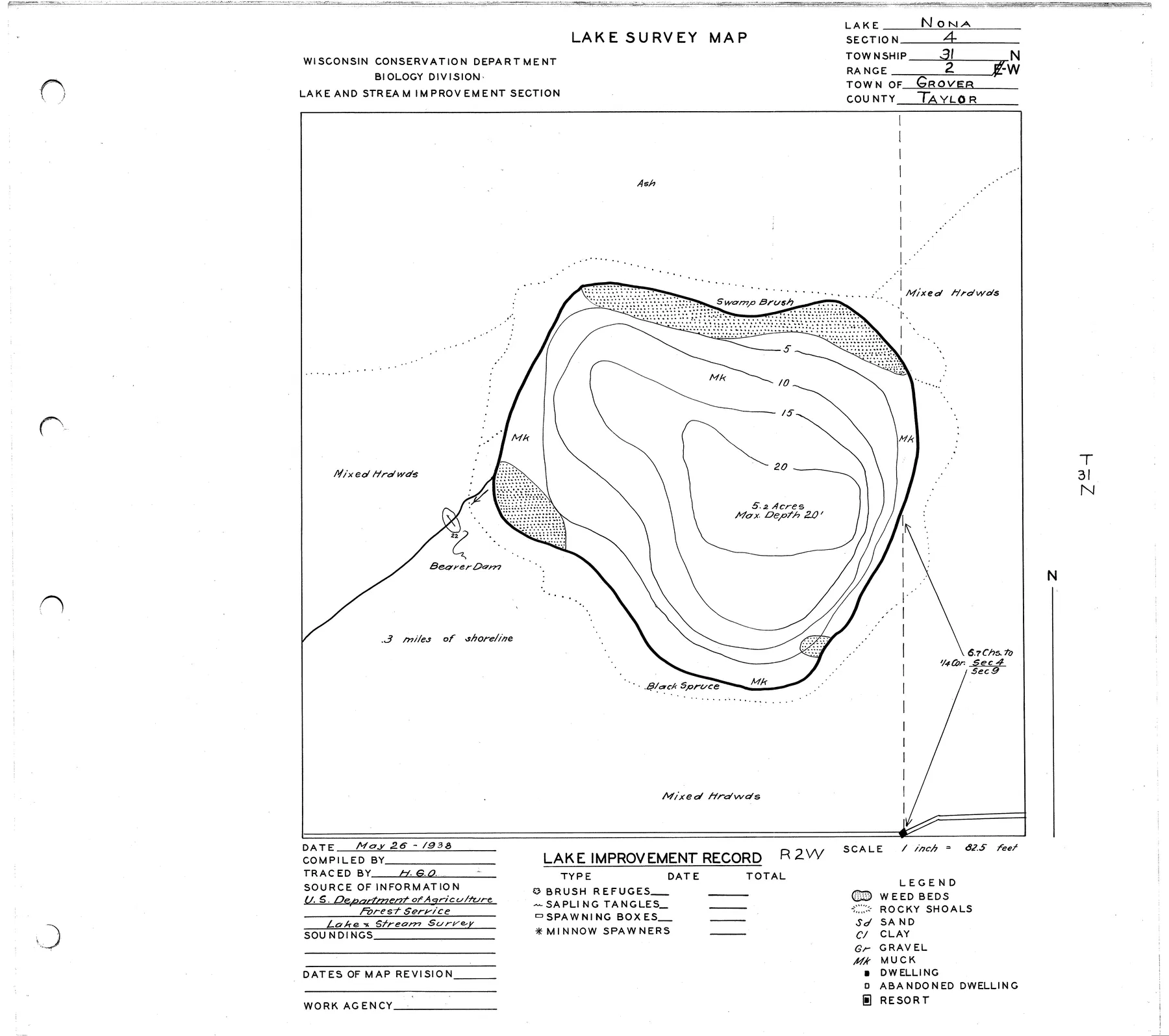 Nona Lake historical Wisconsin DNR depth map sheet 1