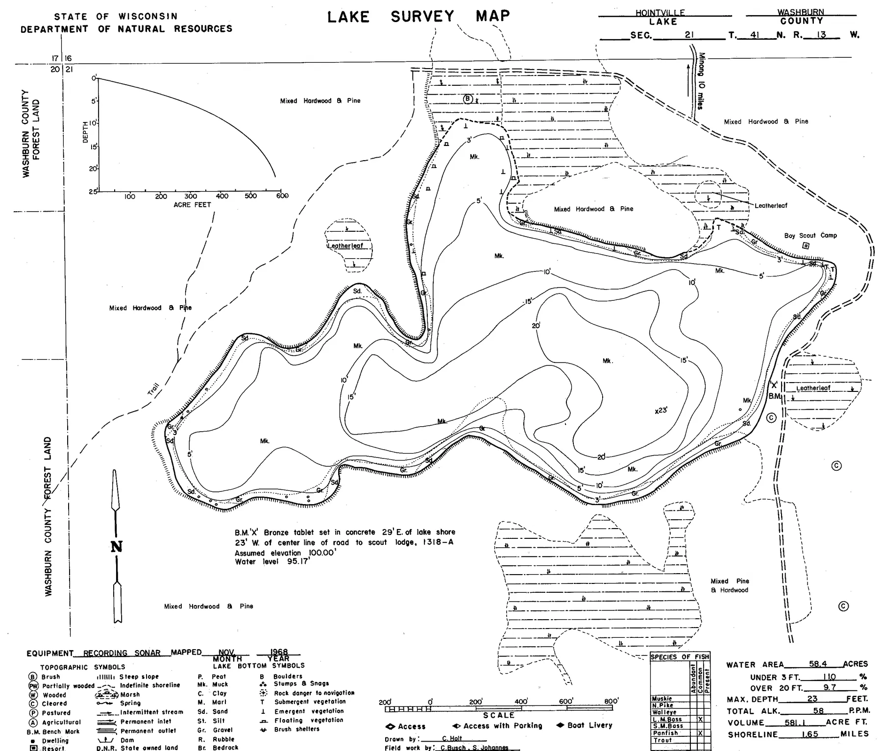 Hoinville Lake historical Wisconsin DNR depth map sheet 1