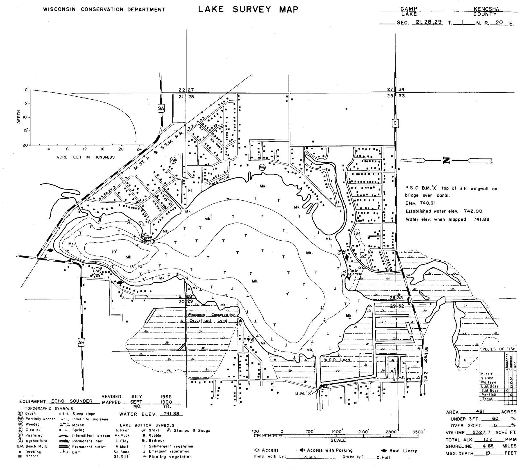 Camp Lake historical Wisconsin DNR depth map sheet 1