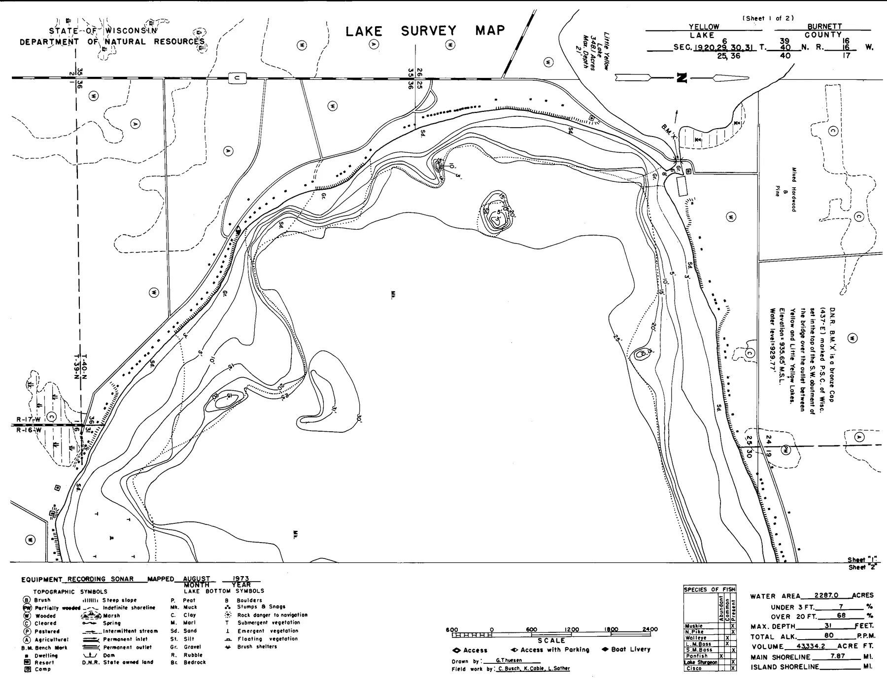Yellow Lake historical Wisconsin DNR depth map sheet 1