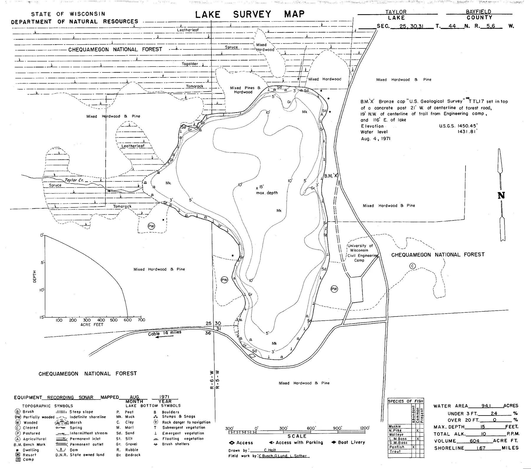 Taylor Lake historical Wisconsin DNR depth map sheet 1