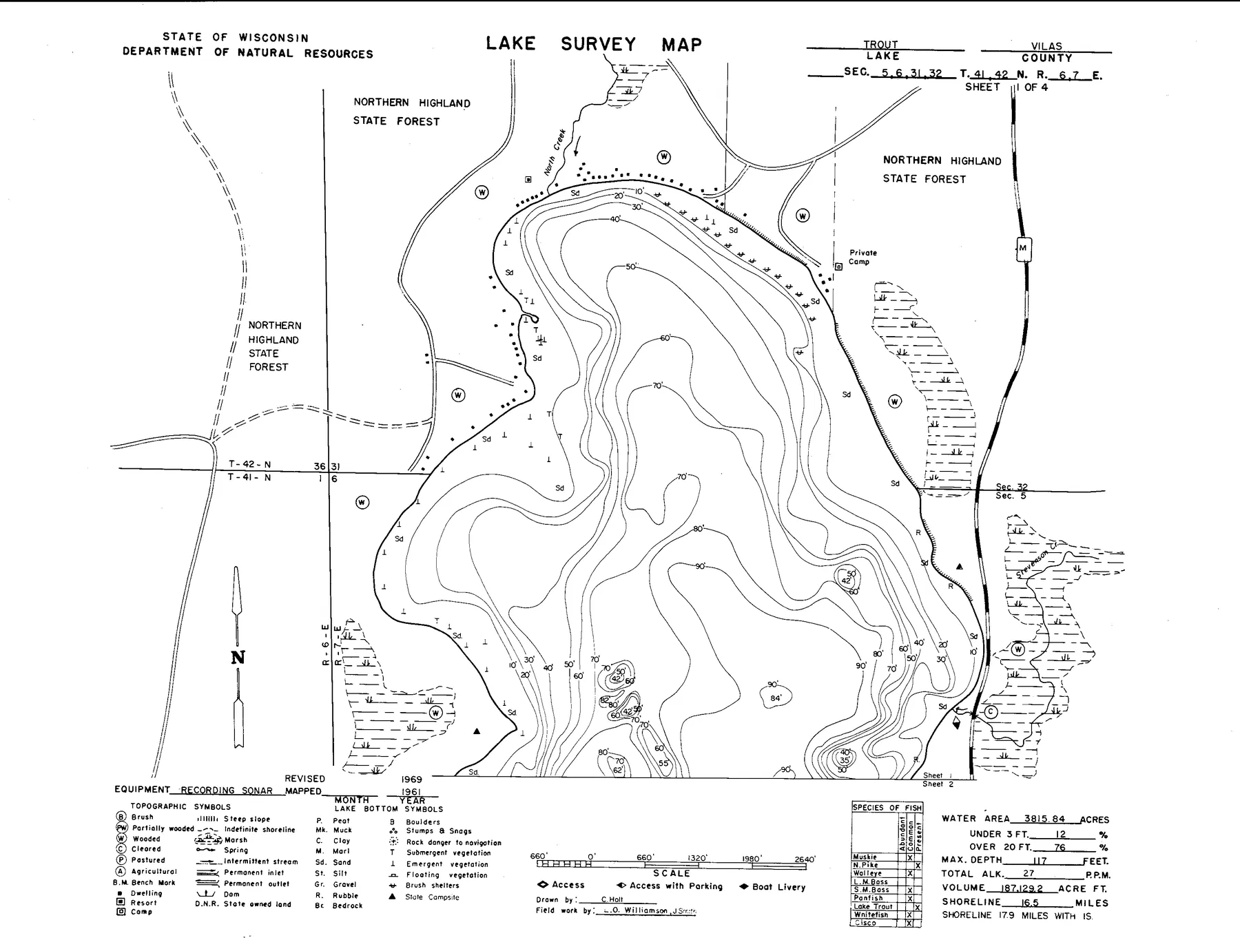 Trout Lake historical Wisconsin DNR depth map sheet 1