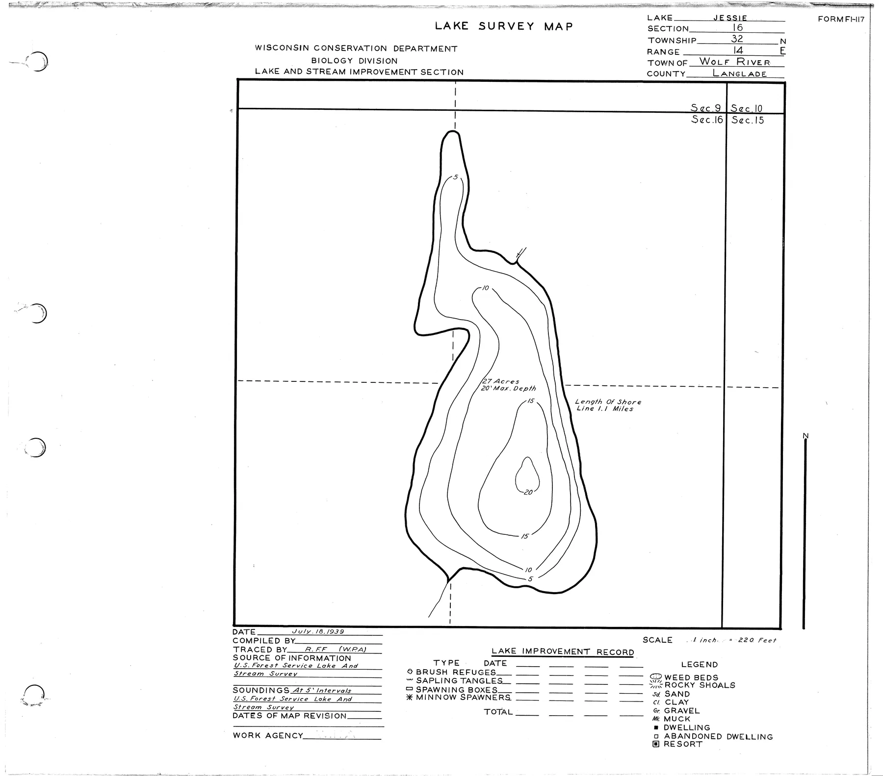 Jessie Lake historical Wisconsin DNR depth map sheet 1