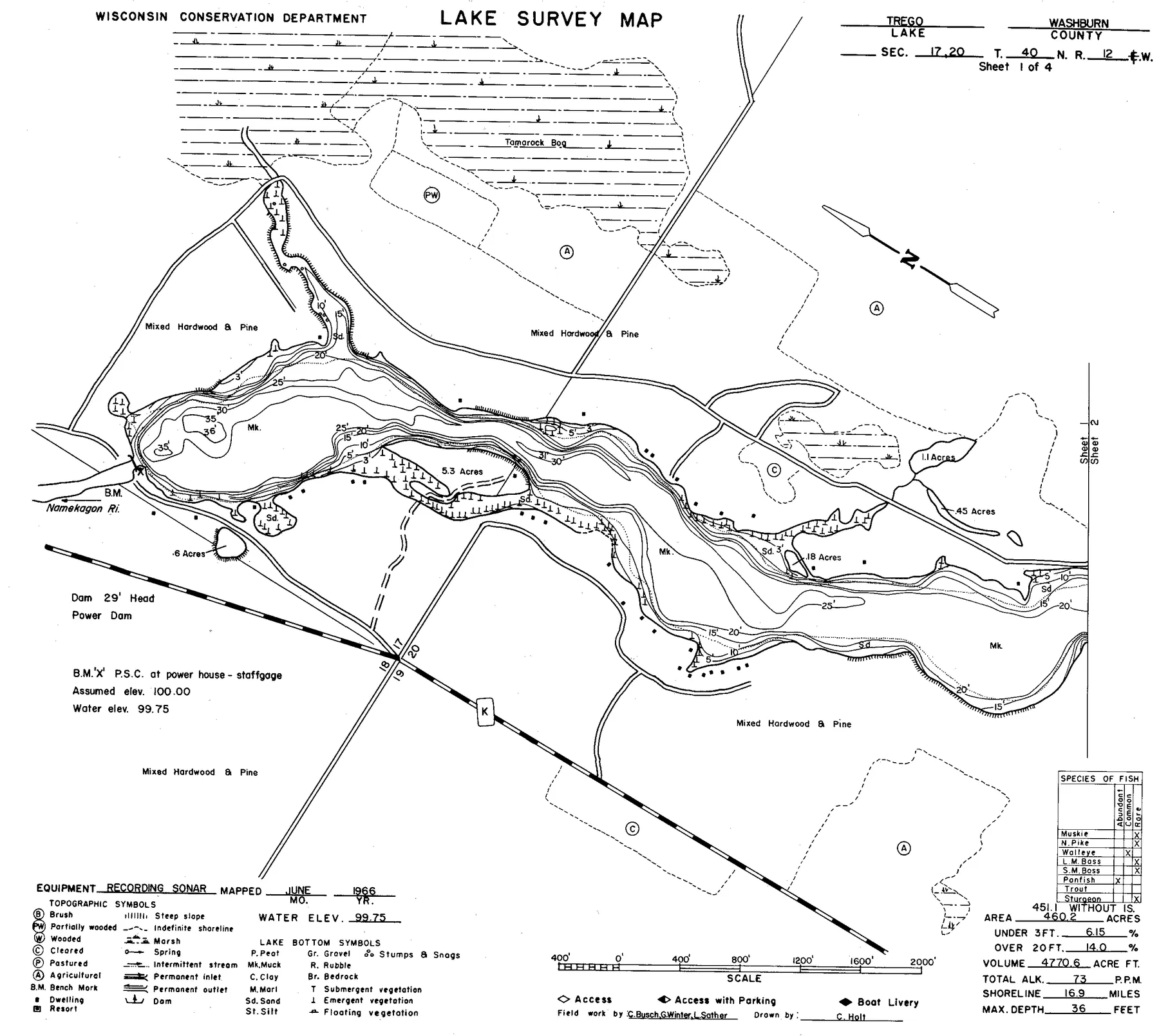 Trego Lake historical Wisconsin DNR depth map sheet 1