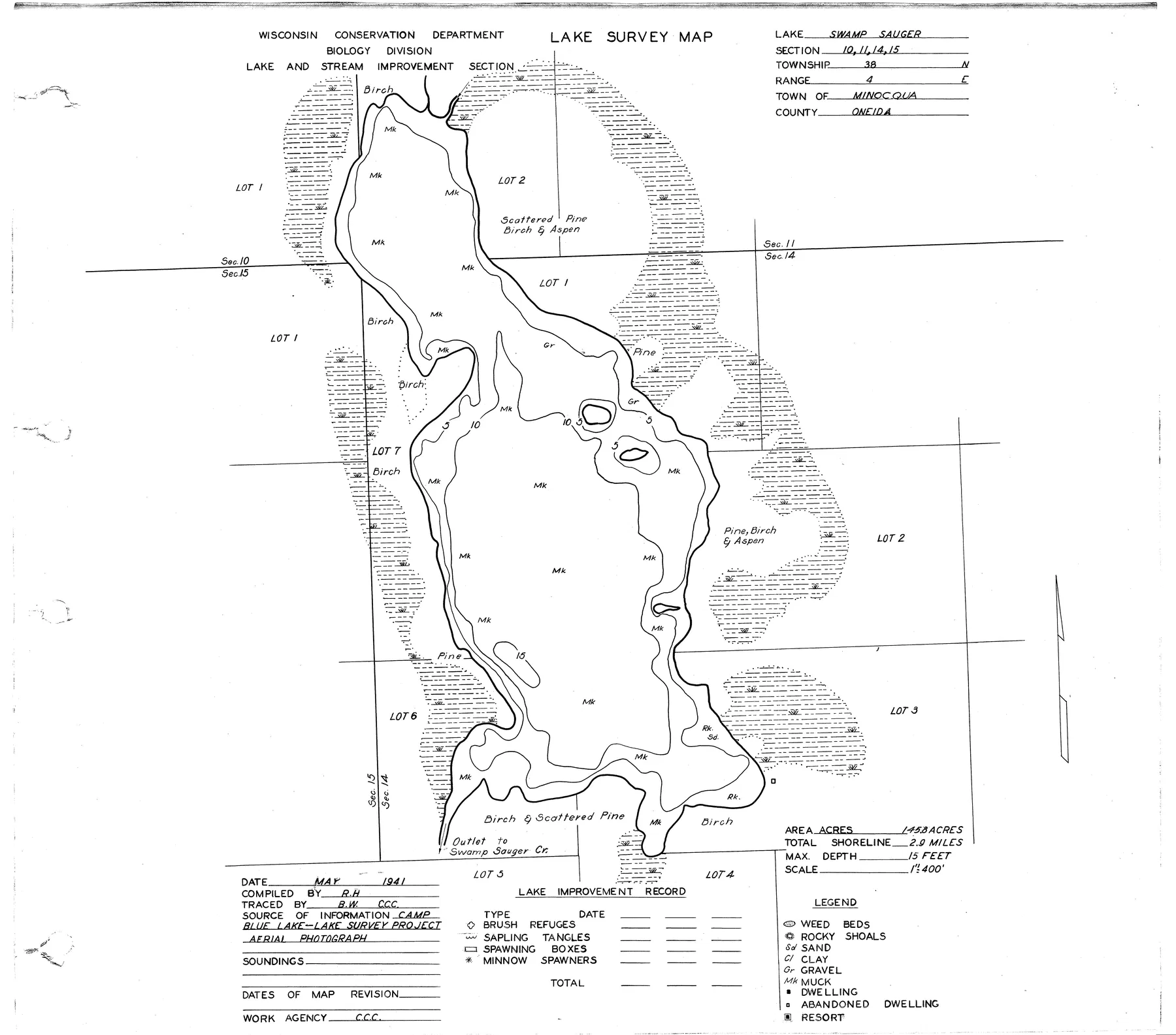Swamsauger Lake historical Wisconsin DNR depth map sheet 1