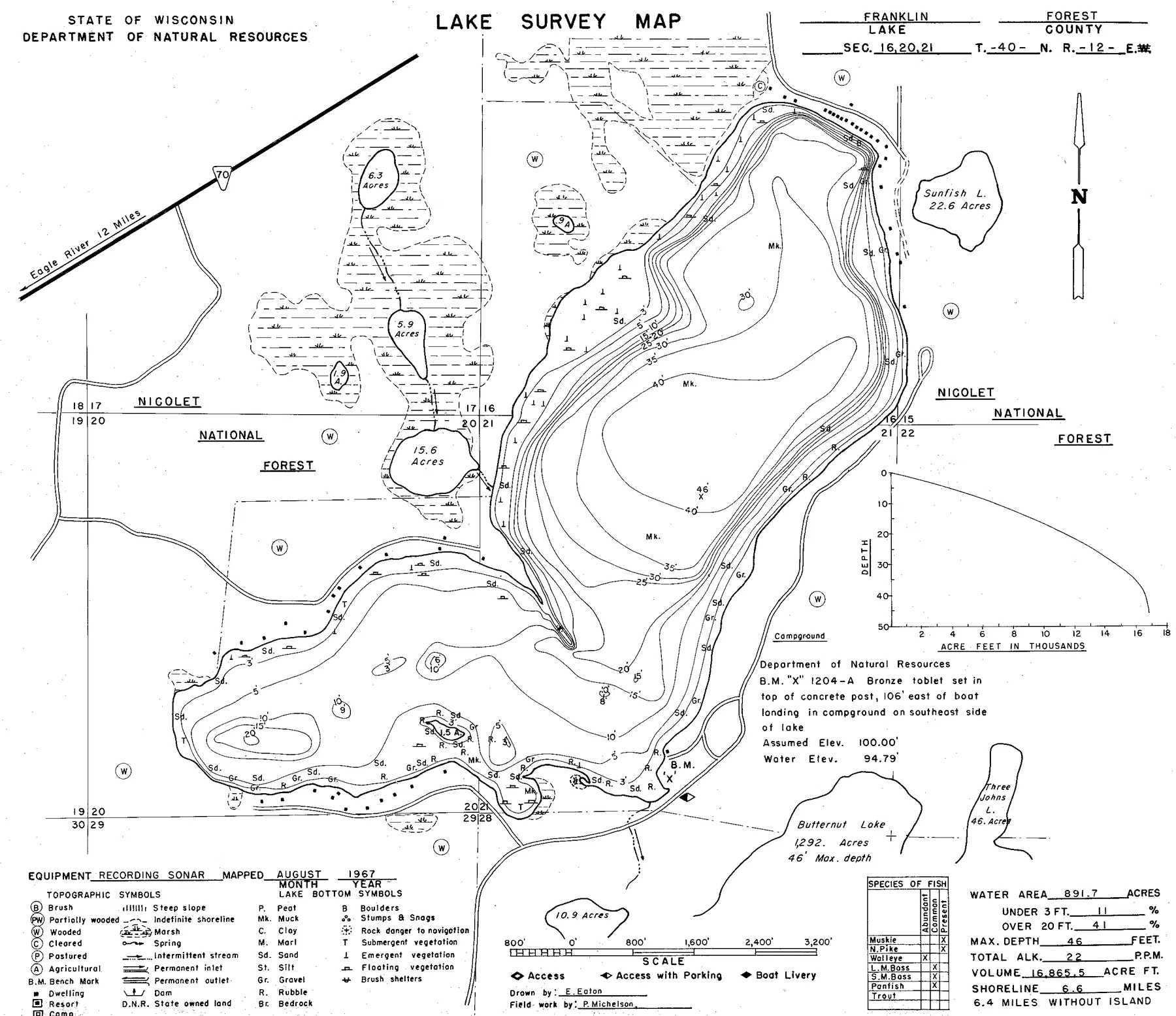Franklin Lake historical Wisconsin DNR depth map sheet 1