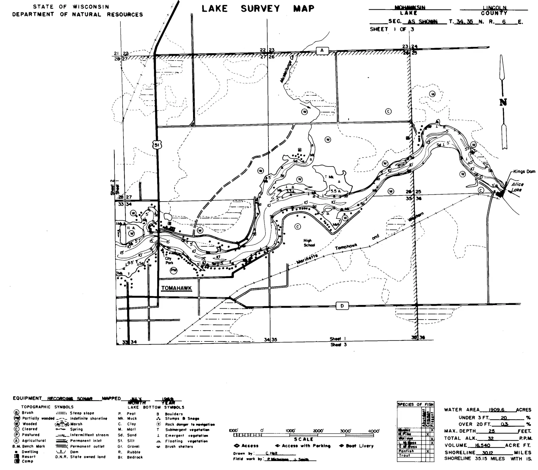 Lake Mohawksin historical Wisconsin DNR depth map sheet 1