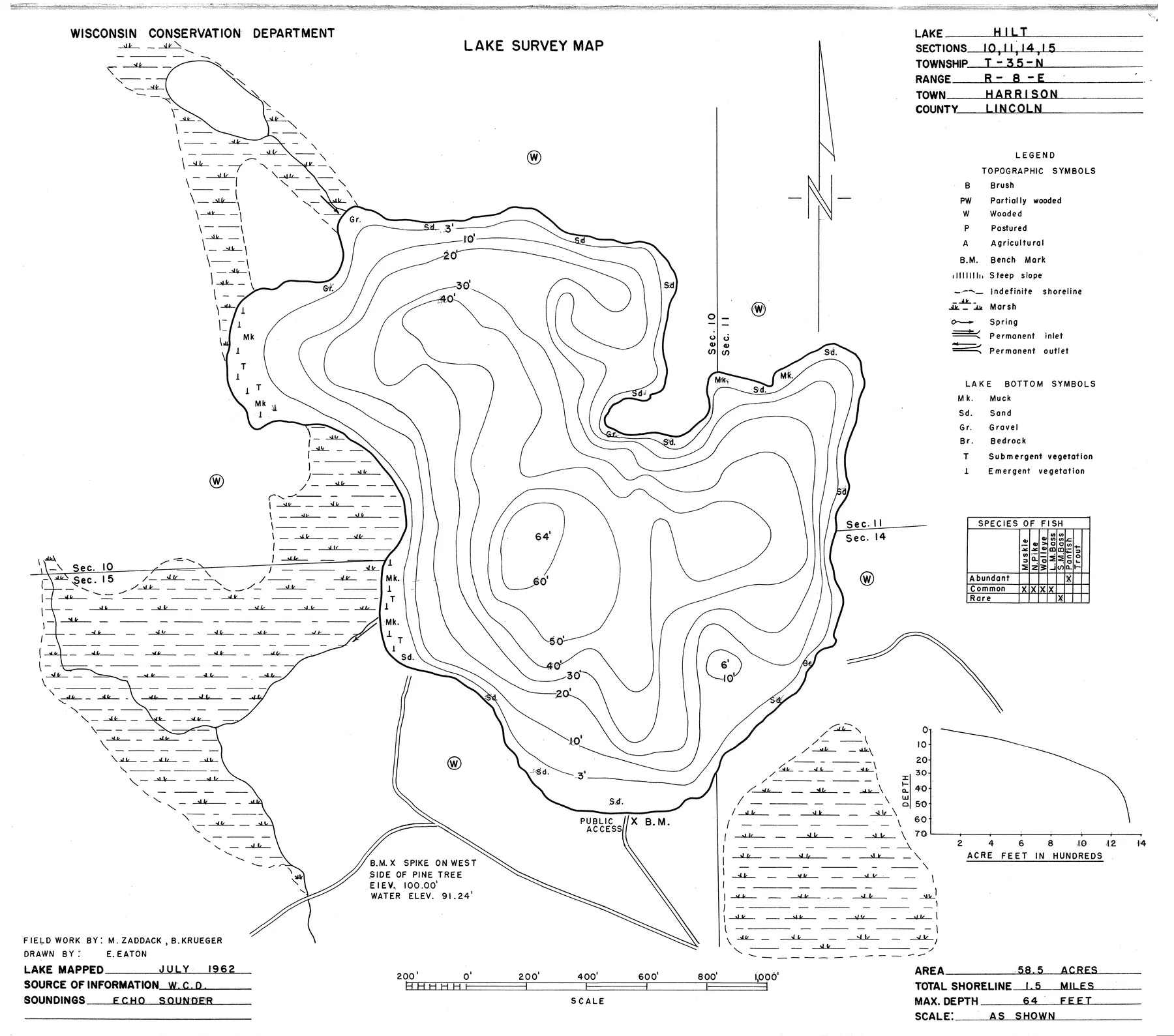 Hilts Lake historical Wisconsin DNR depth map sheet 1
