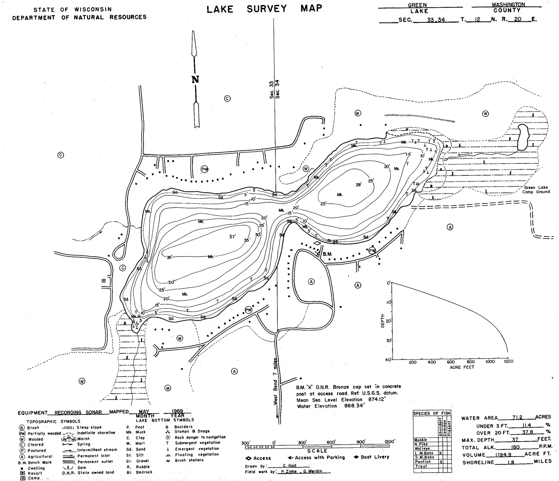 Green Lake historical Wisconsin DNR depth map sheet 1