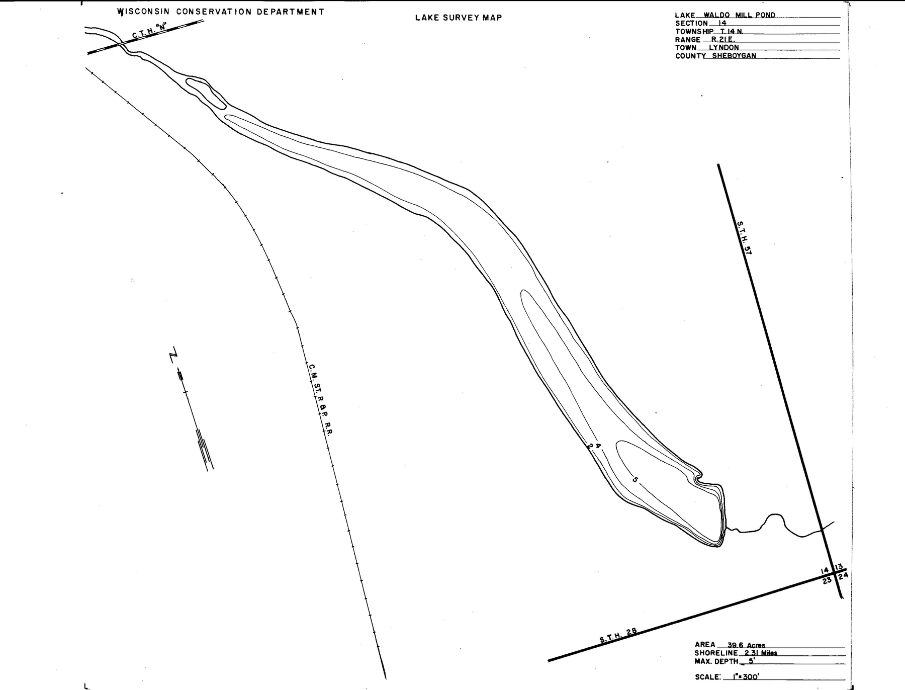 Waldo Mill Pond historical Wisconsin DNR depth map sheet 1