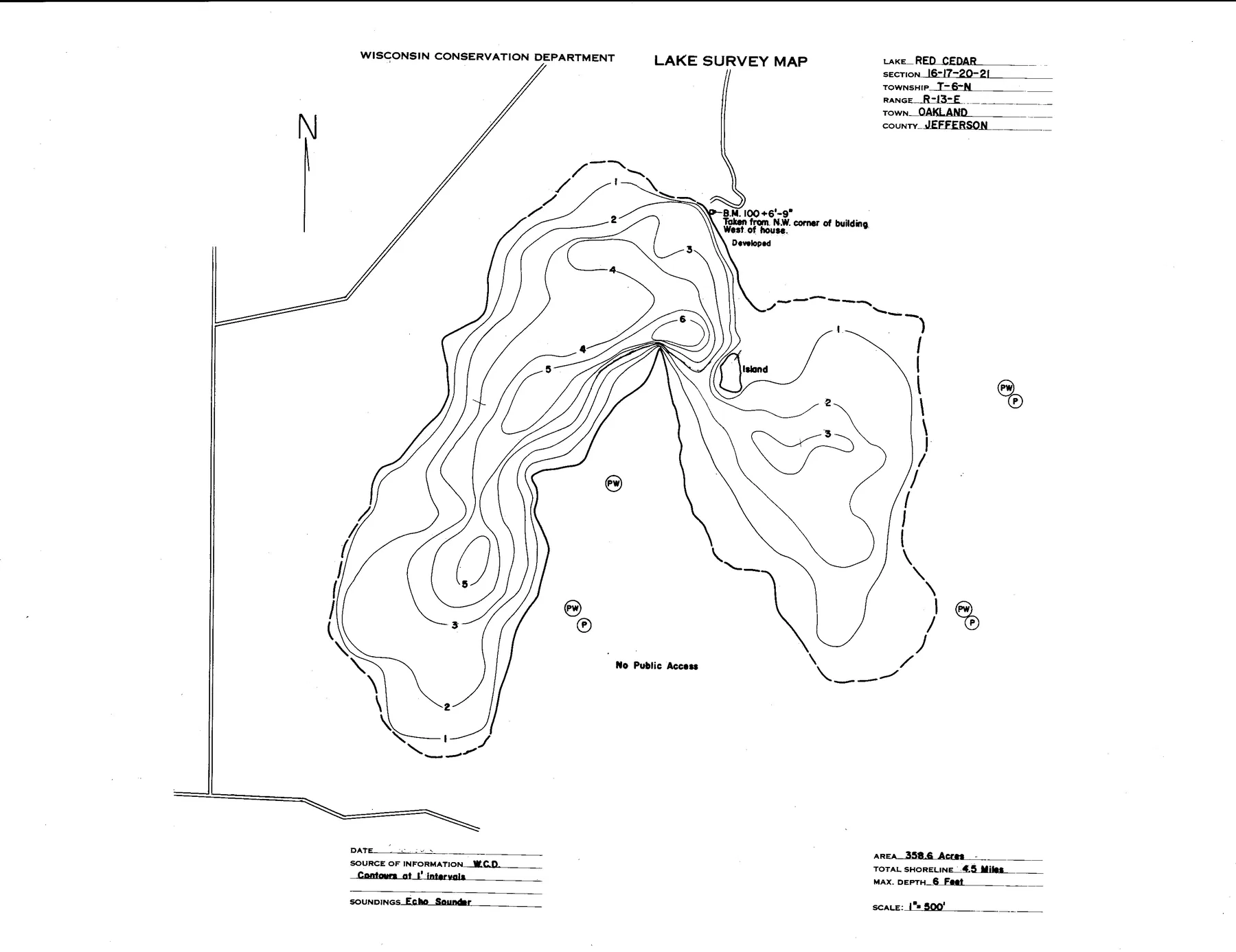 Red Cedar Lake historical Wisconsin DNR depth map sheet 1